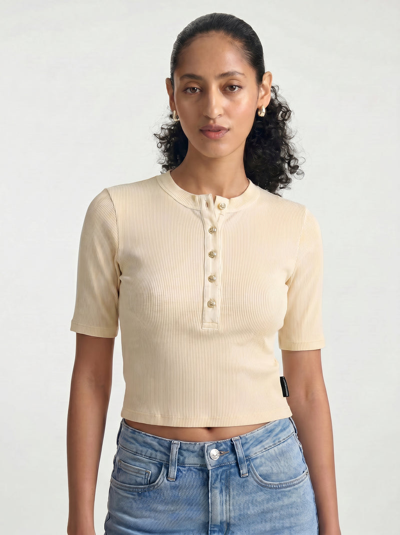 Women's Ribbed Henley T-Shirt in Transparent Yellow - BROOKLYN INDUSTRIES
