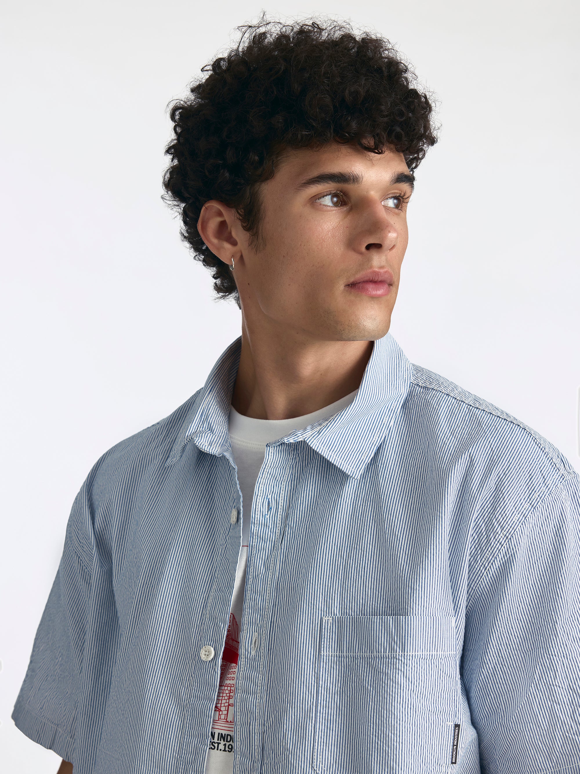 Men's Short Sleeve Striped Shirt in Blue Striped - BROOKLYN INDUSTRIES