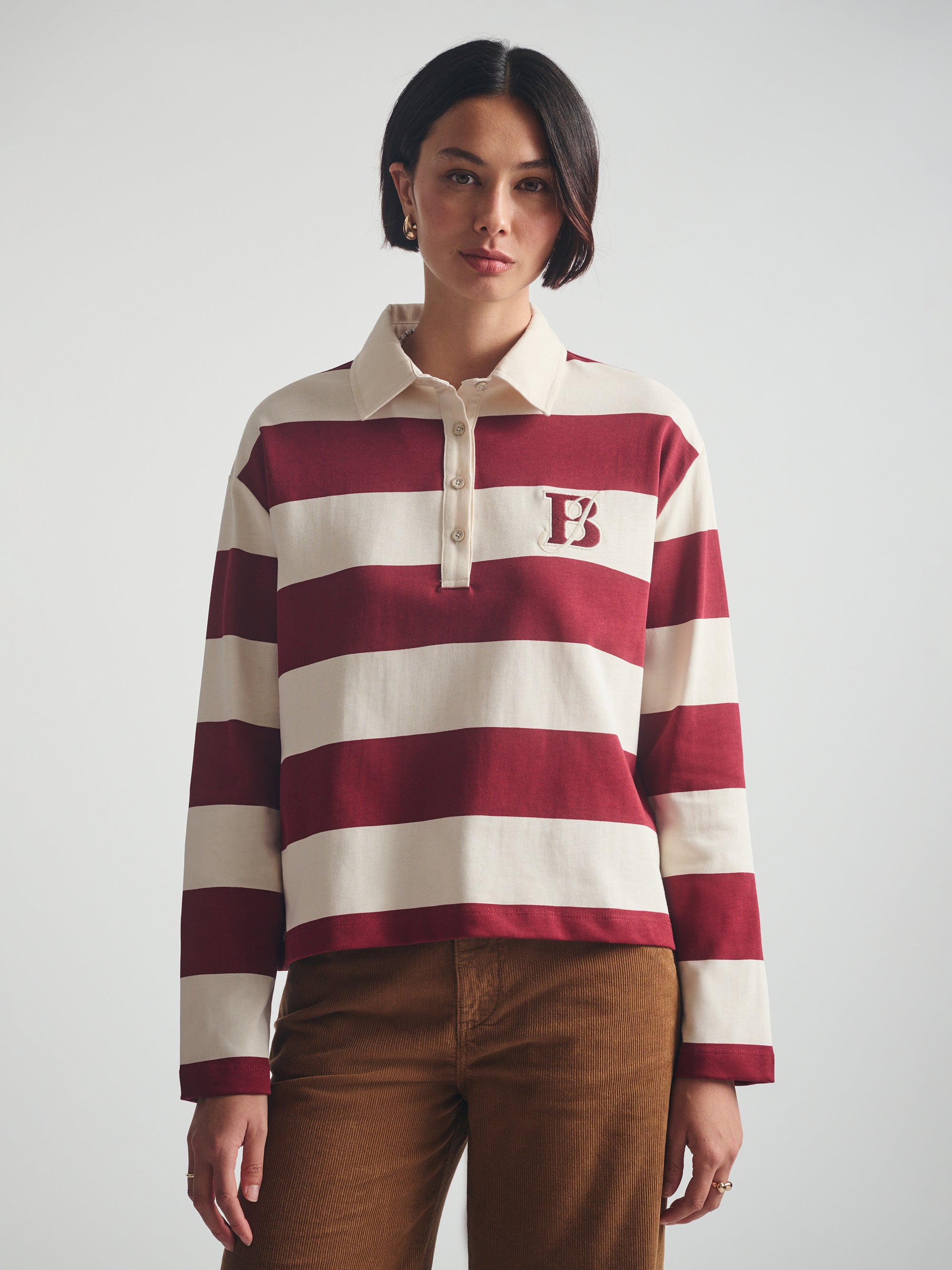 Women's Brooklyn Long Sleeve Striped Rugby T-Shirt in Biking Red Striped
