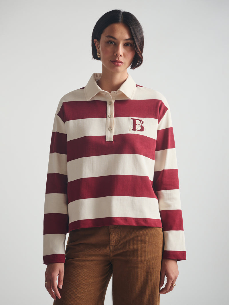 Women's Brooklyn Long Sleeve Striped Rugby T-Shirt in Biking Red Striped