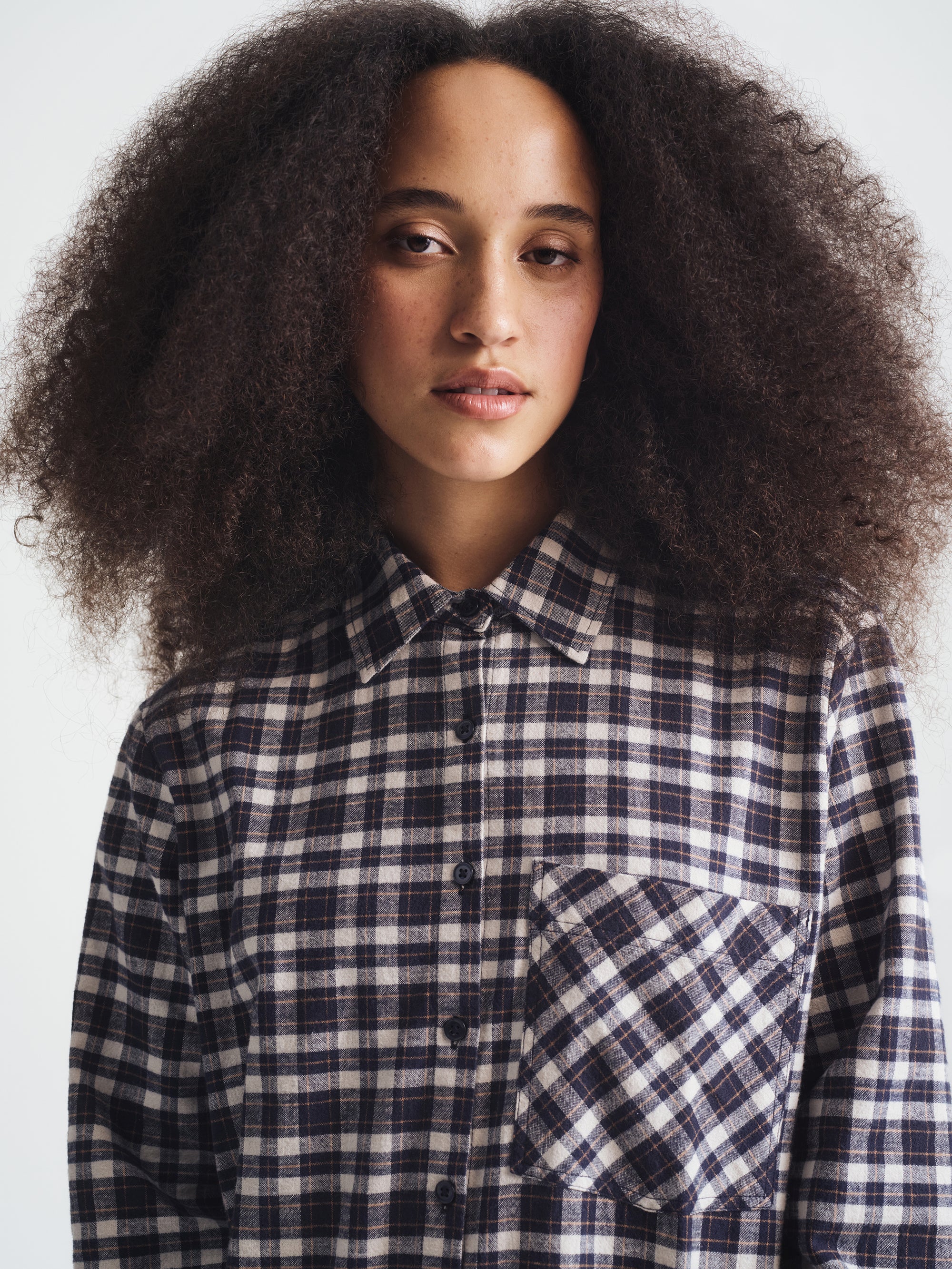 Women's Long Sleeve Plaid Shirt in Navy Check - BROOKLYN INDUSTRIES