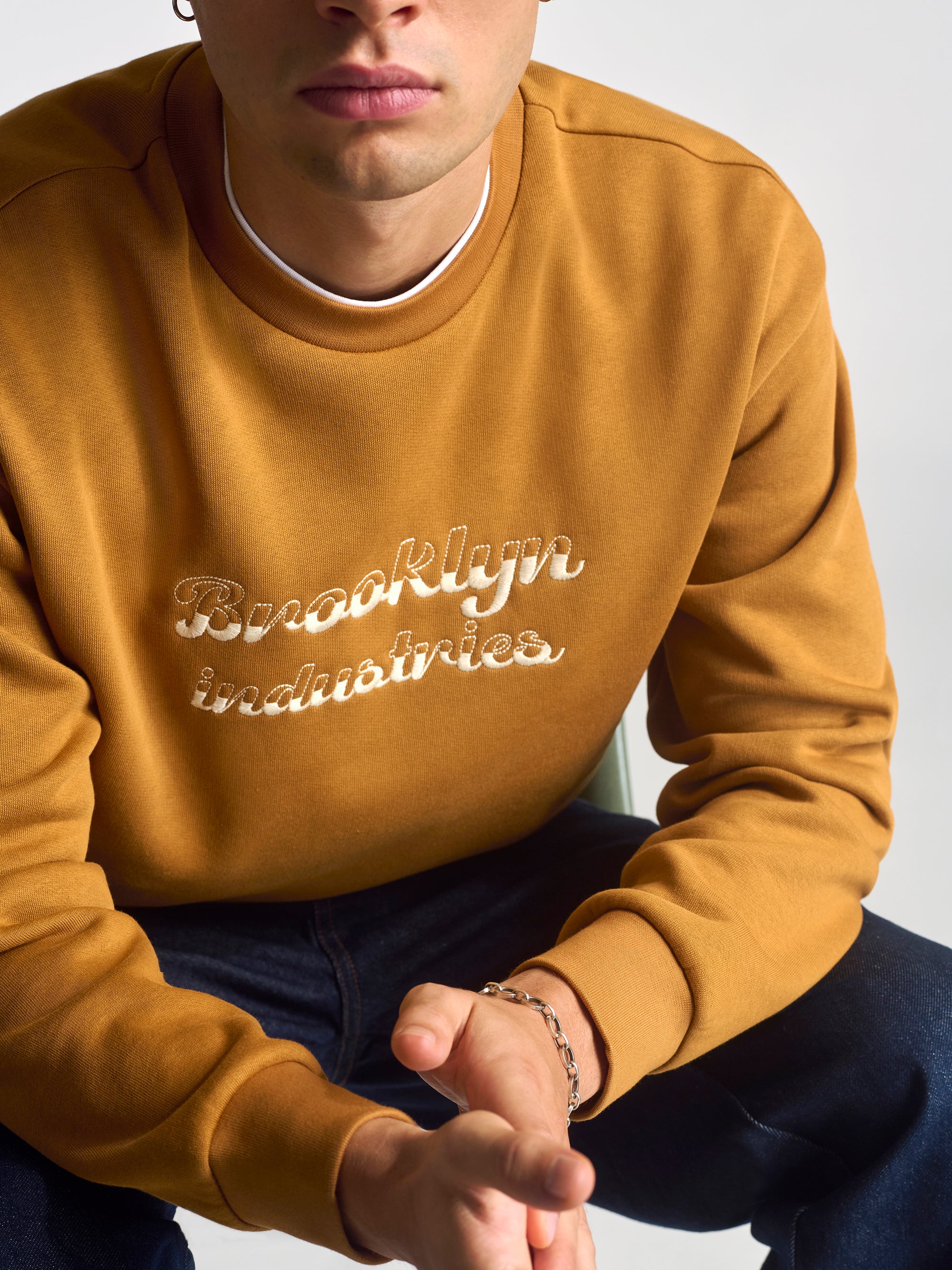 Men's Embroidered Crew Neck Sweatshirt In Spice - BROOKLYN INDUSTRIES