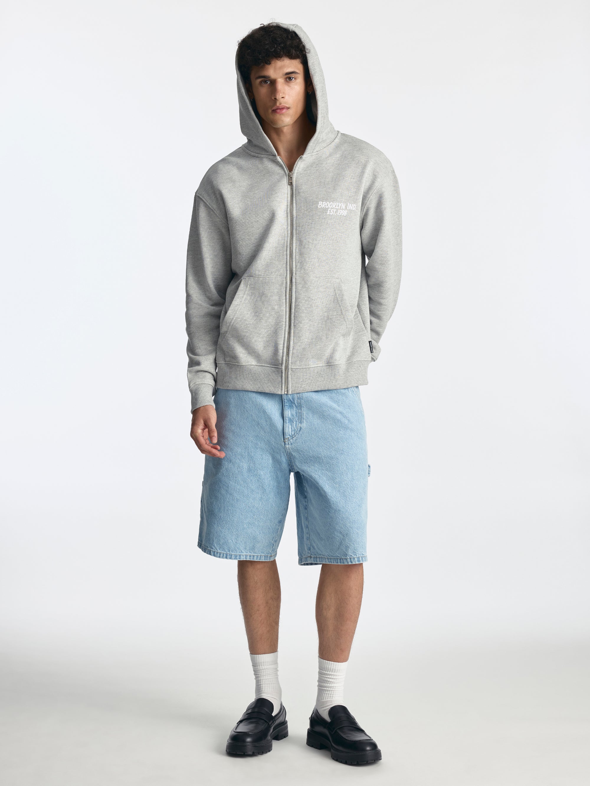 Men's Logo Zip-Up Hoodie in Light Grey Melange - BROOKLYN INDUSTRIES