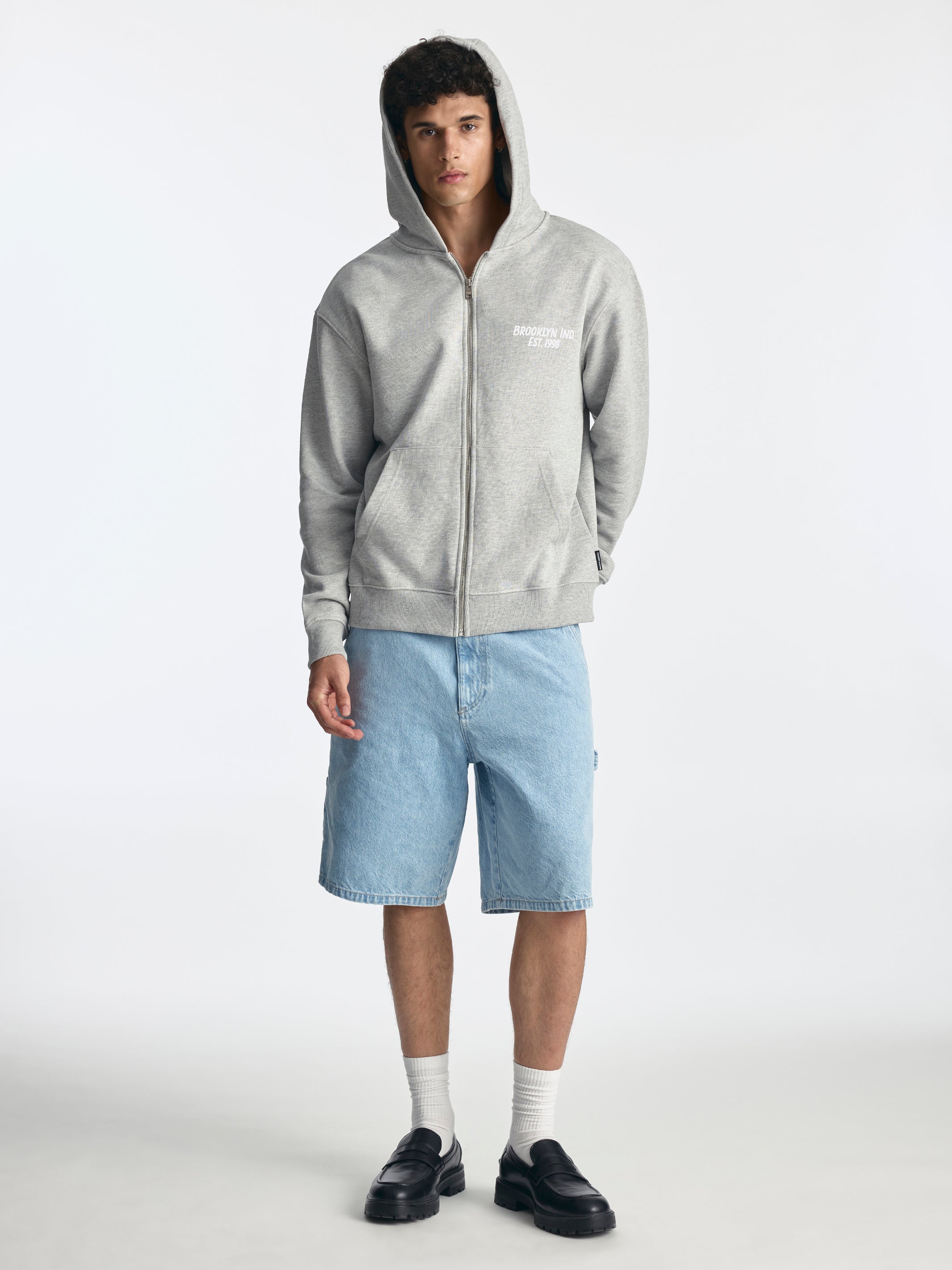 Men's Logo Zip-Up Hoodie in Light Grey Melange - BROOKLYN INDUSTRIES