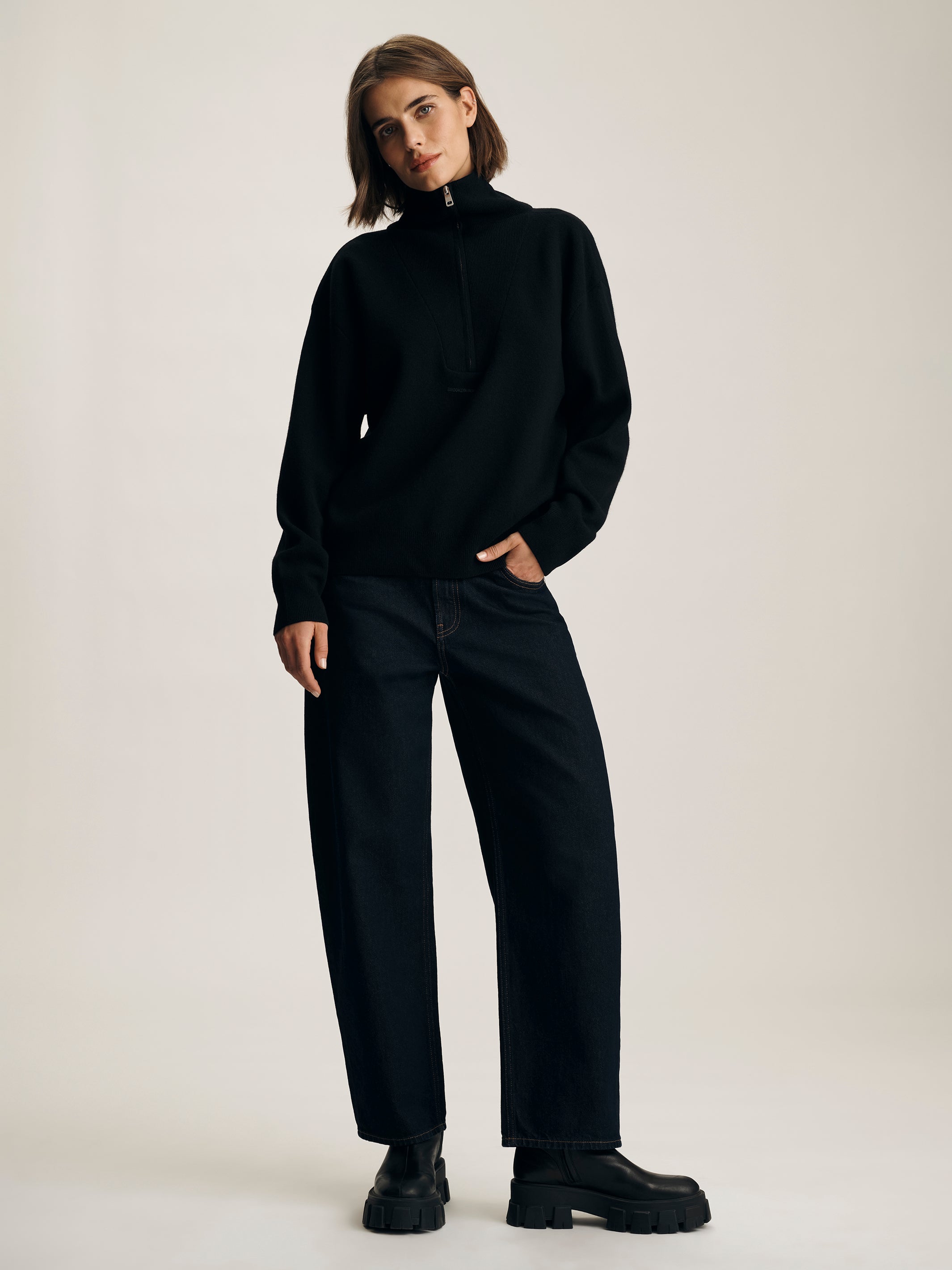 Women's Half Zip Waffle Sweater in Black - BROOKLYN INDUSTRIES