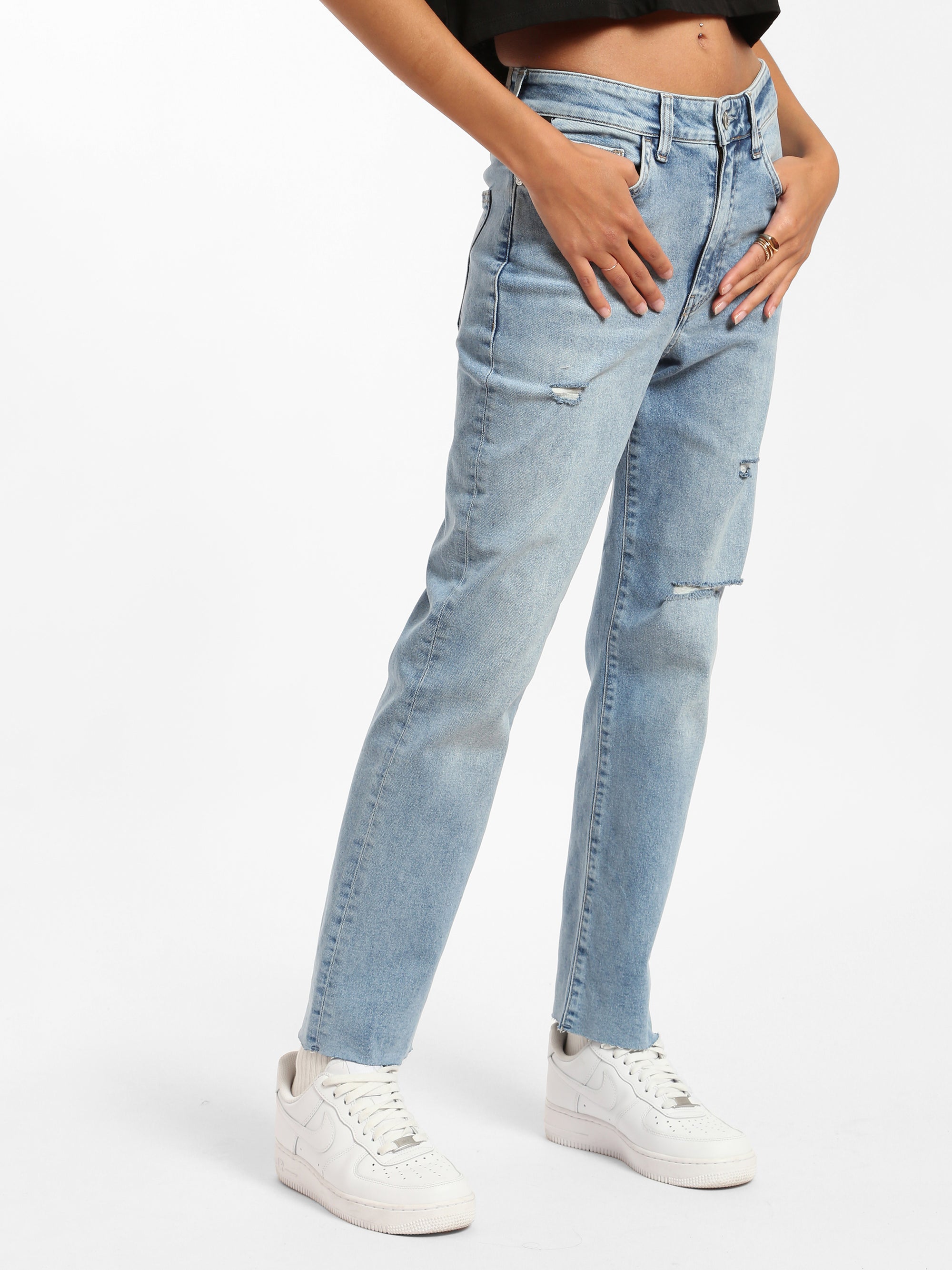 Meadow High Rise Boyfriend Jeans in Mid Ripped Denim - BROOKLYN INDUSTRIES