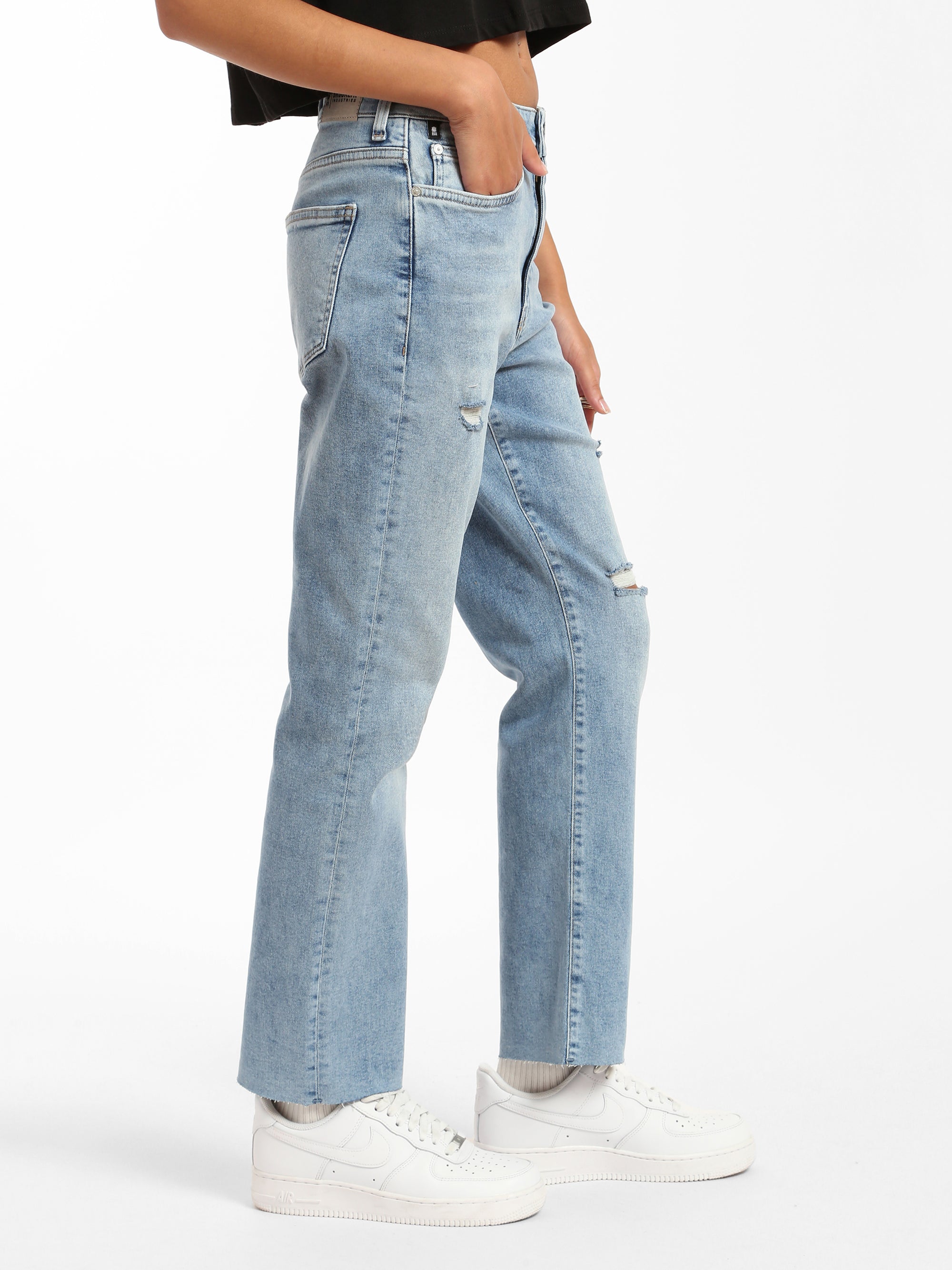 Meadow High Rise Boyfriend Jeans in Mid Ripped Denim - BROOKLYN INDUSTRIES