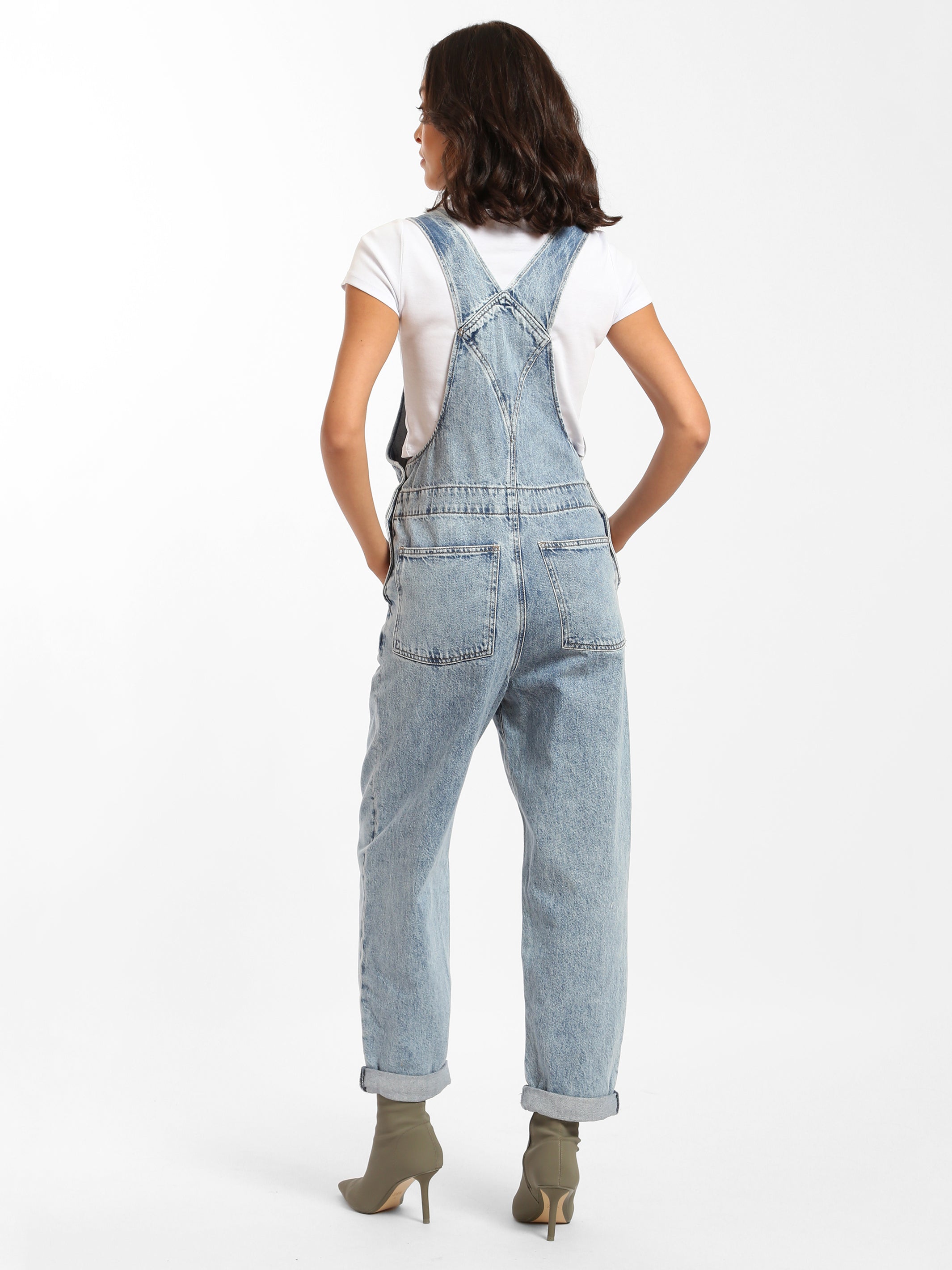 Farra Denim Jumpsuit in Mid Brushed Denim - BROOKLYN INDUSTRIES