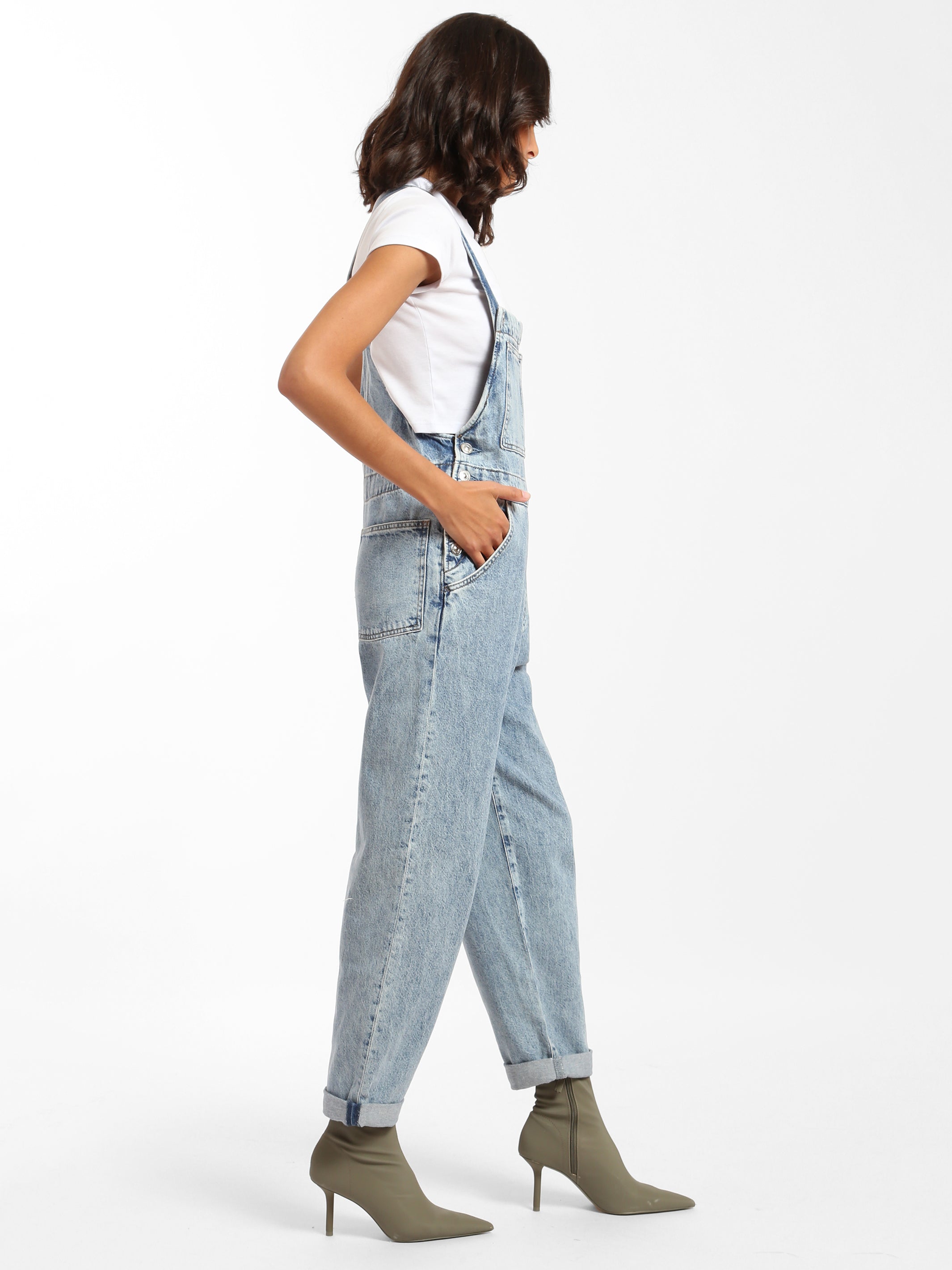 Farra Denim Jumpsuit in Mid Brushed Denim - BROOKLYN INDUSTRIES