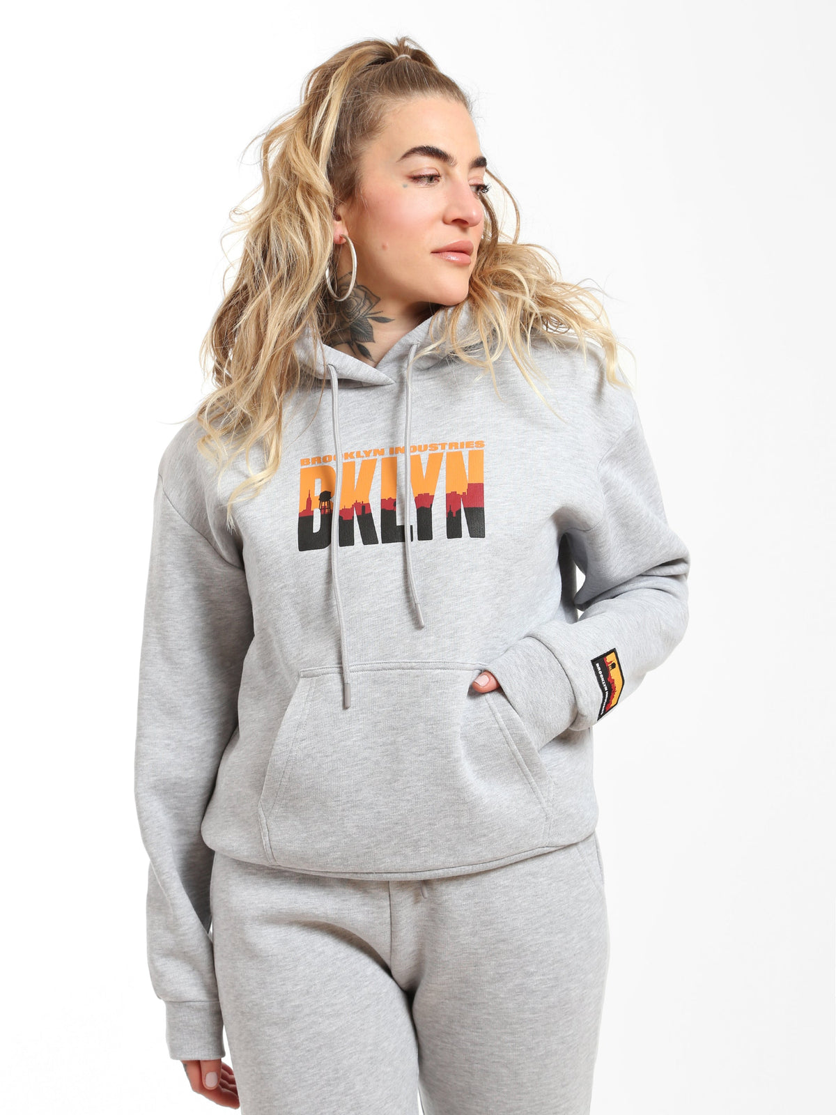Women's BKLYN Printed Hoodie in Grey Melange - BROOKLYN INDUSTRIES