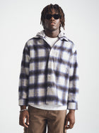 Men's Hooded Plaid Overshirt in Black Iris Check - BROOKLYN INDUSTRIES