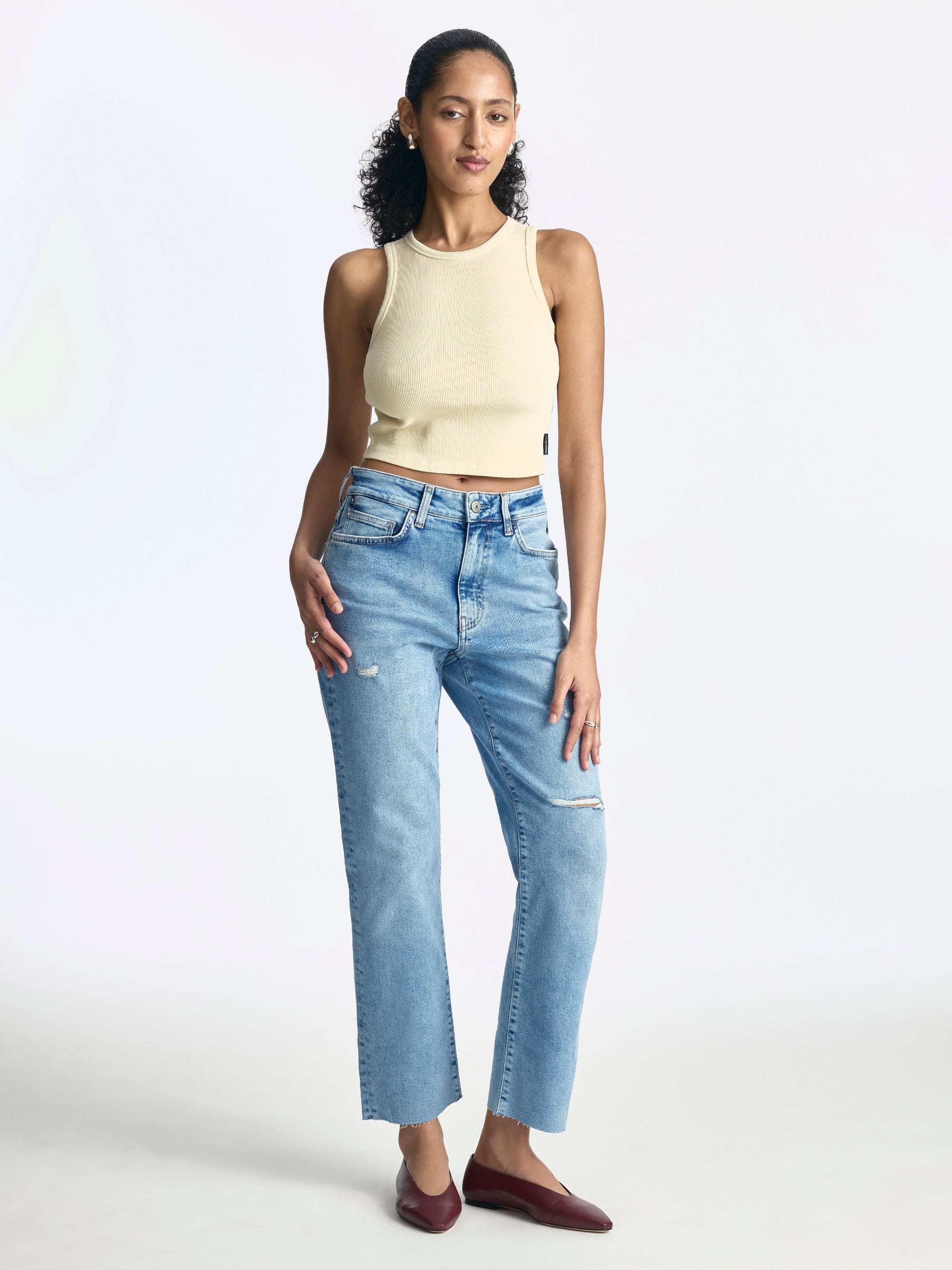 Meadow High Rise Boyfriend Jeans in Mid Ripped Denim - BROOKLYN INDUSTRIES