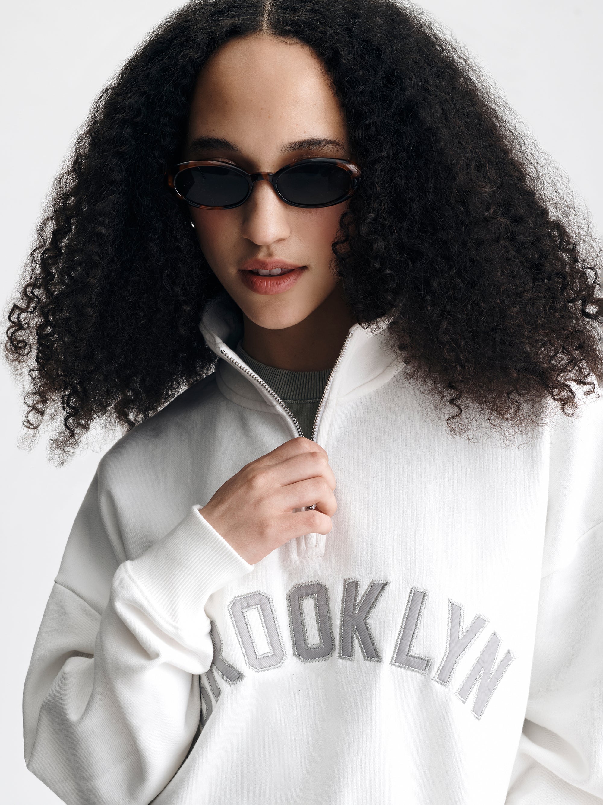 Women's Oversized Brooklyn Half Zip Sweatshirt in Antique White - BROOKLYN INDUSTRIES