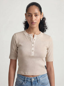 Women's Ribbed Henley T-Shirt in Sandshell - BROOKLYN INDUSTRIES
