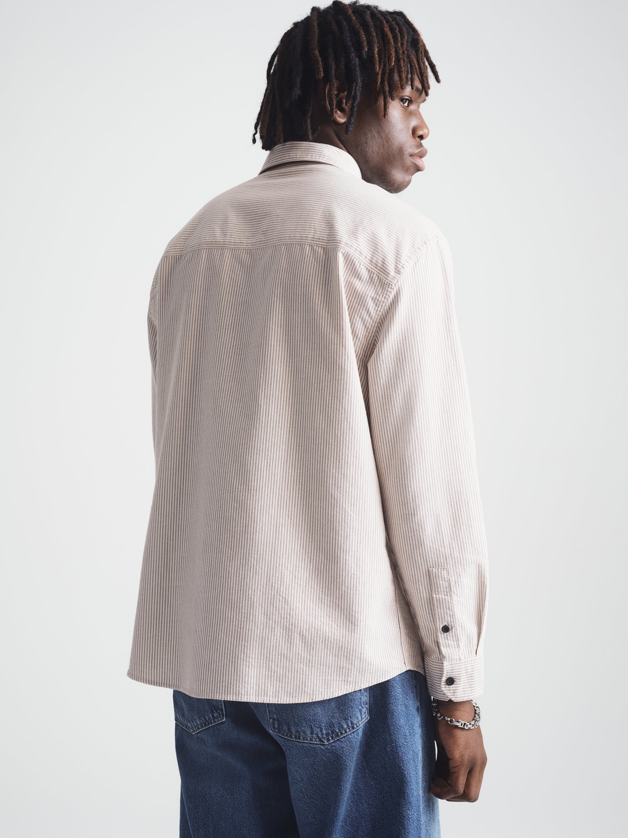 Men's Long Sleeve Striped Shirt in Burgundy Stripe - BROOKLYN INDUSTRIES