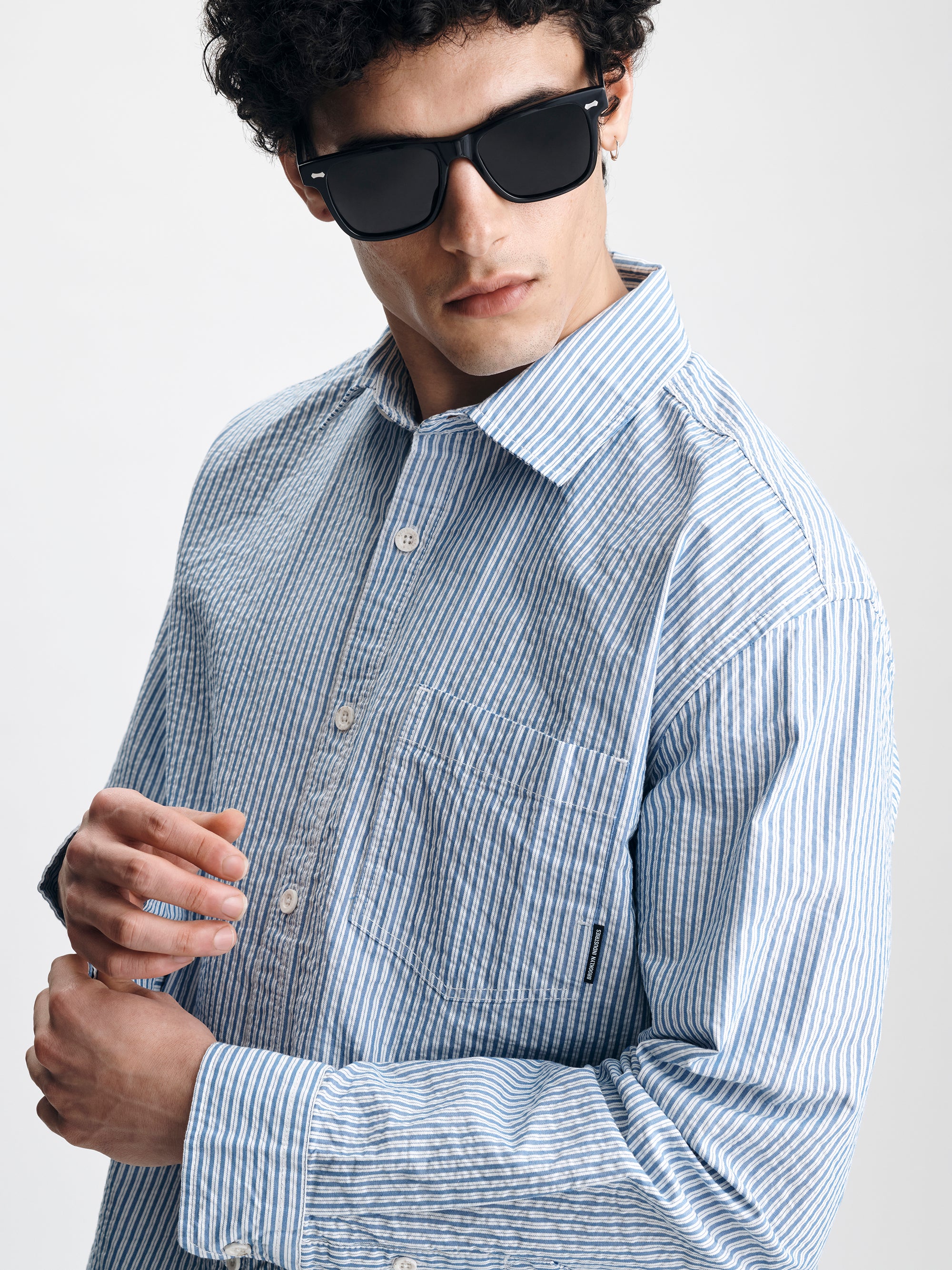 Men's Long Sleeve Striped Shirt in Blue Striped - BROOKLYN INDUSTRIES