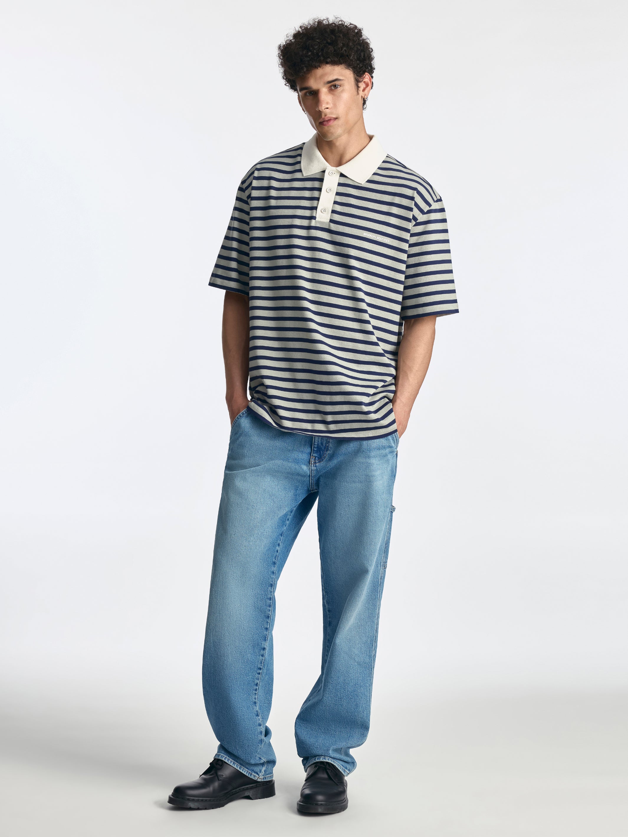 Men's Logo Polo Striped T-Shirt in Navy Stripe - BROOKLYN INDUSTRIES