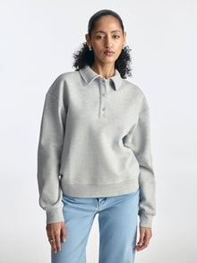 Women's Pique Polo Sweatshirt in Light Grey Melange - BROOKLYN INDUSTRIES