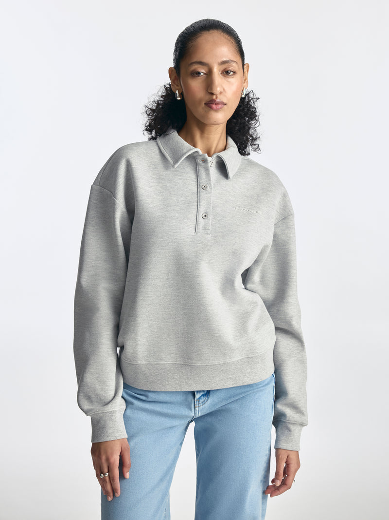 Women's Pique Polo Sweatshirt in Light Grey Melange - BROOKLYN INDUSTRIES
