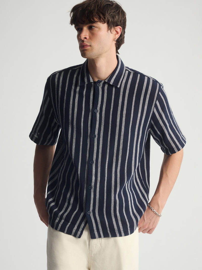 Men's Brooklyn Striped Short Sleeve Shirt In Total Eclipse - BROOKLYN INDUSTRIES