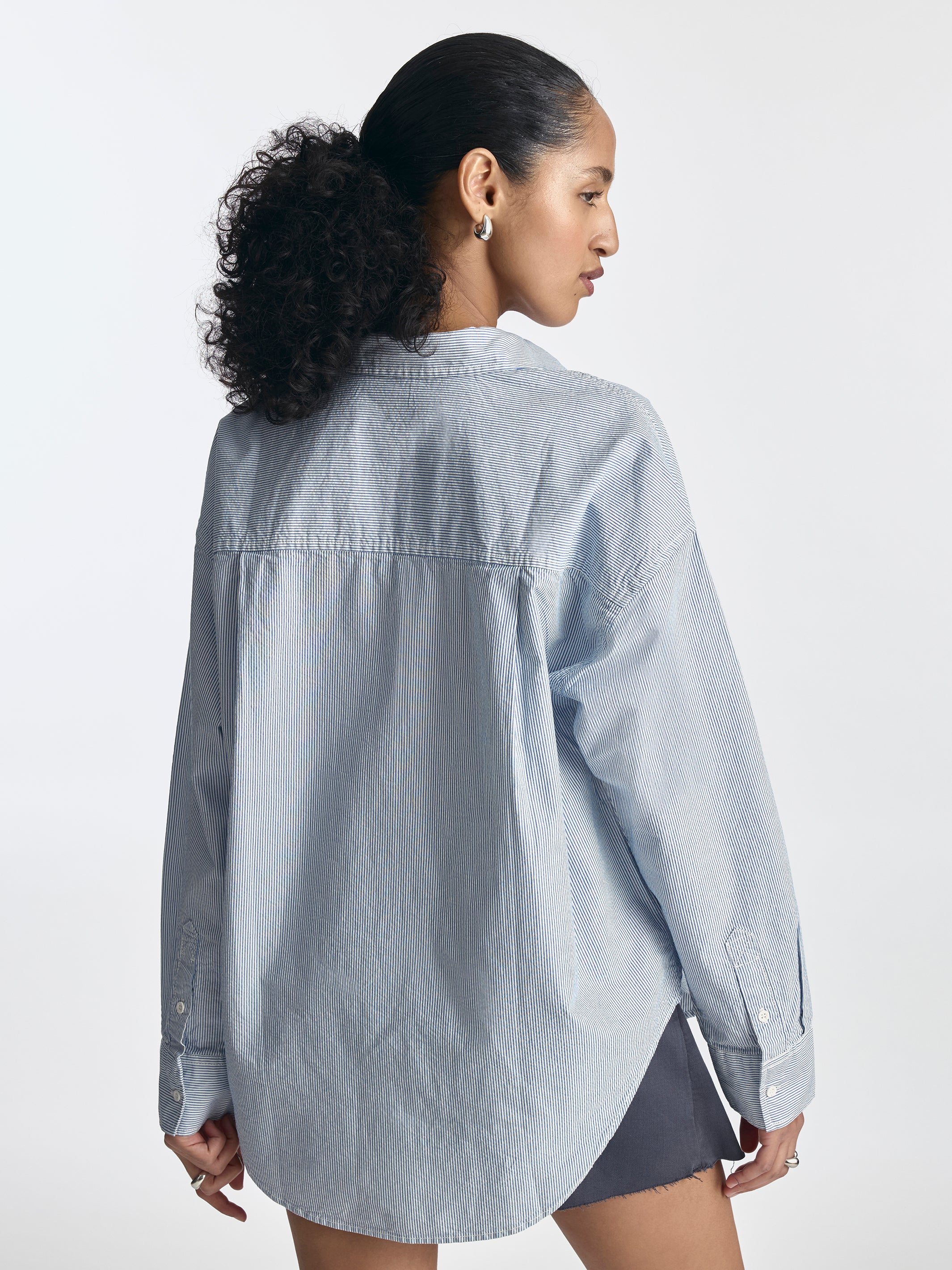 Women's Oversized Long Sleeve Striped Shirt in Blue - BROOKLYN INDUSTRIES