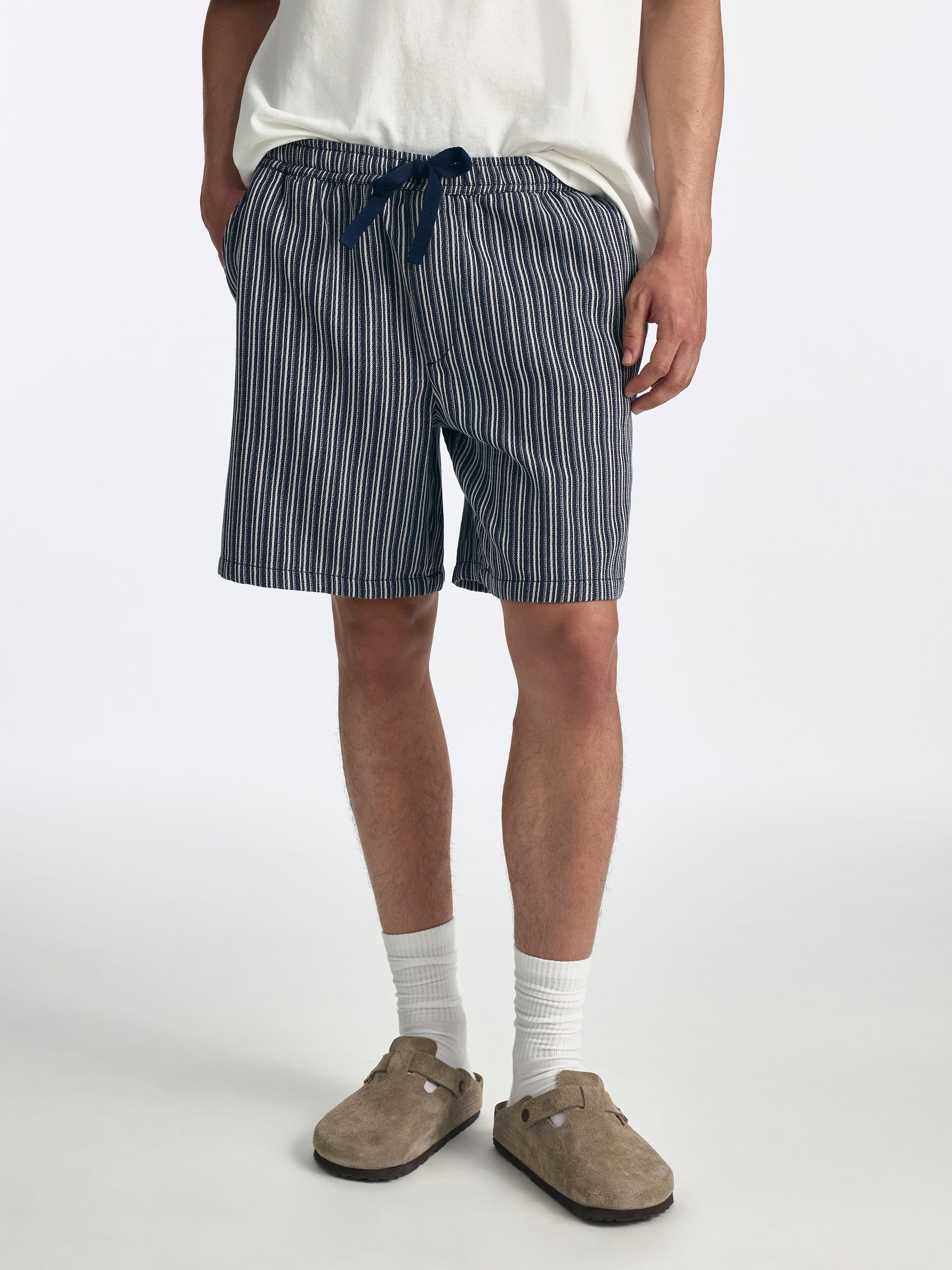 Men's Drawstring Striped Shorts in Indigo - BROOKLYN INDUSTRIES