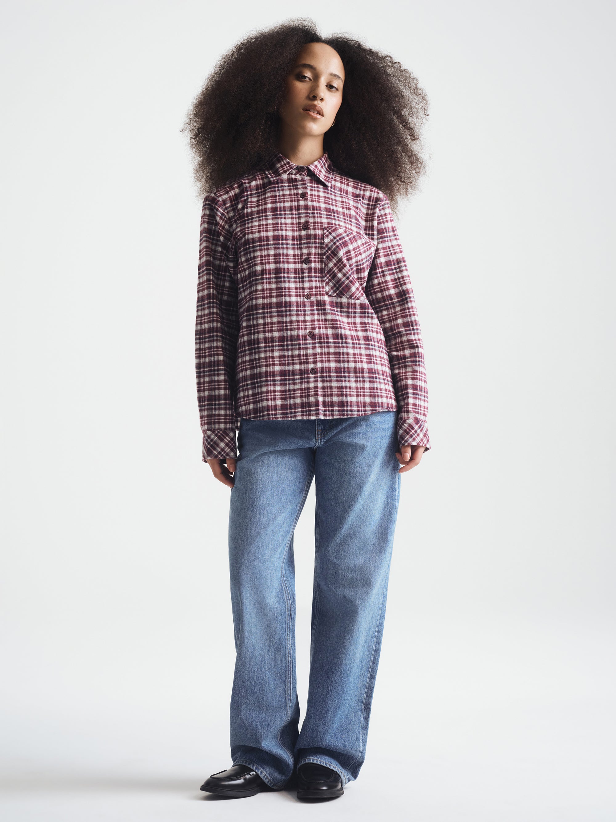 Women's Long Sleeve Plaid Shirt in Bordeaux Check - BROOKLYN INDUSTRIES