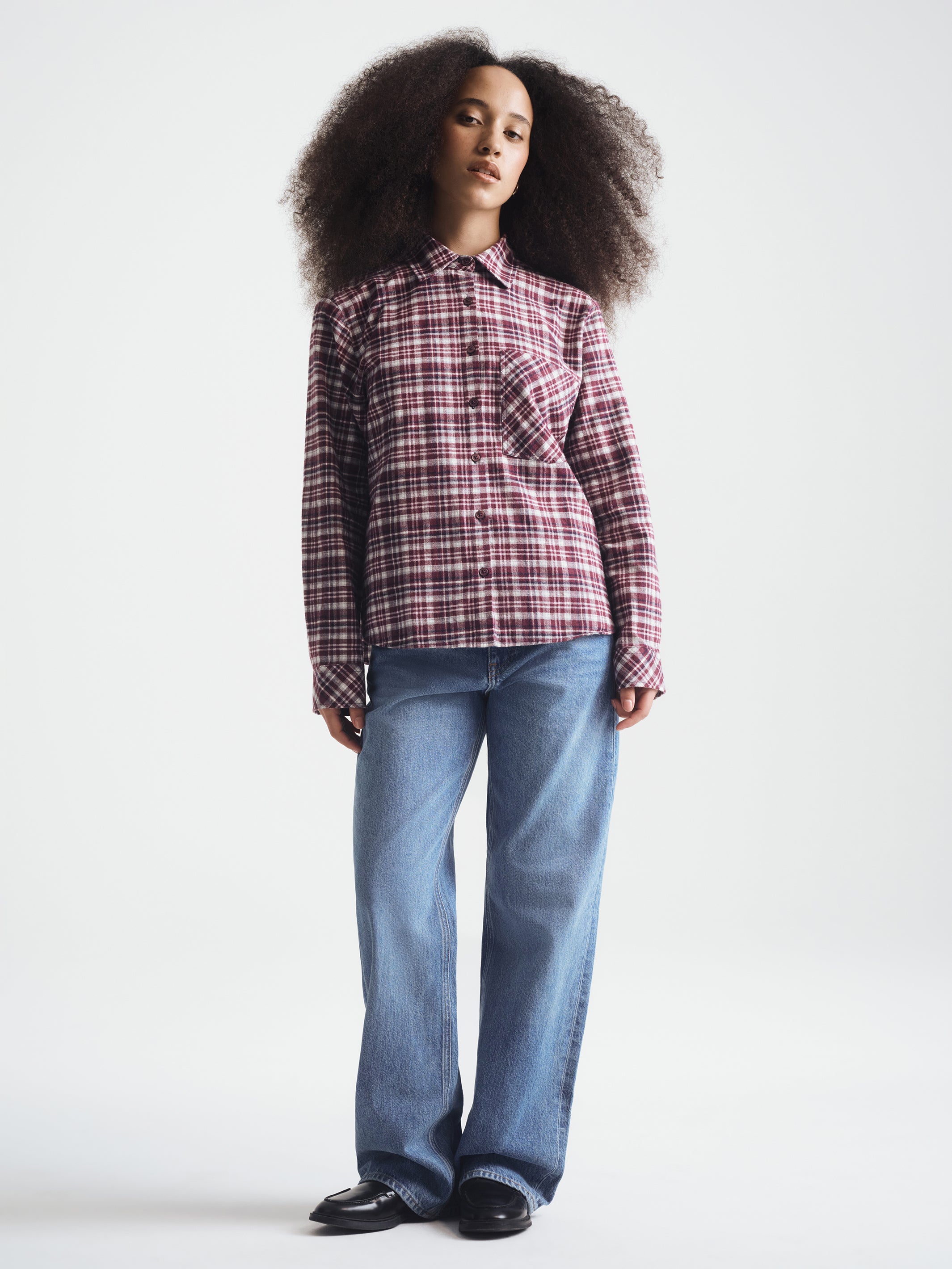 Women's Long Sleeve Plaid Shirt in Bordeaux Check - BROOKLYN INDUSTRIES