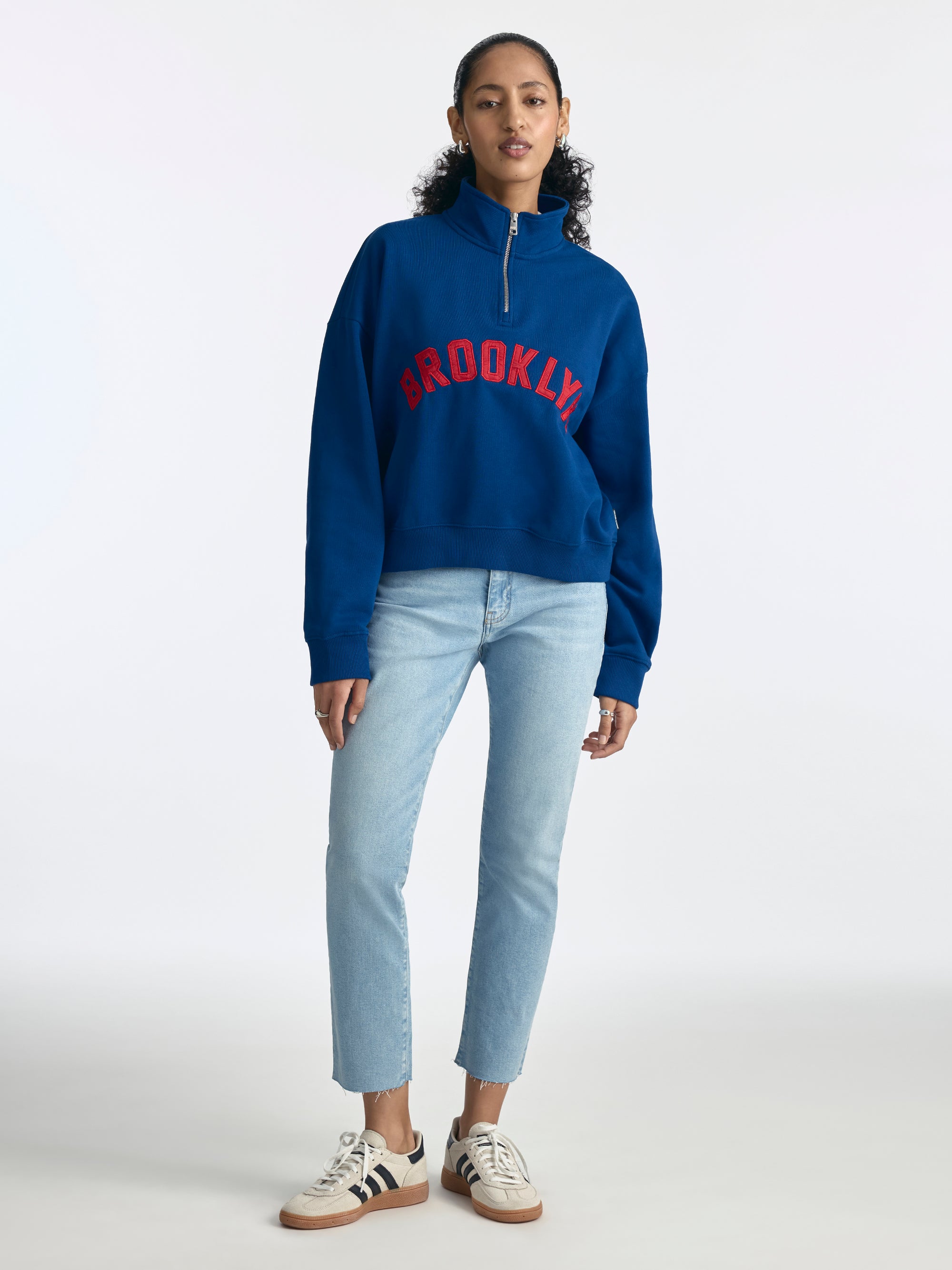 Women's Oversized Brooklyn Half Zip Sweatshirt in Navy Peony - BROOKLYN INDUSTRIES