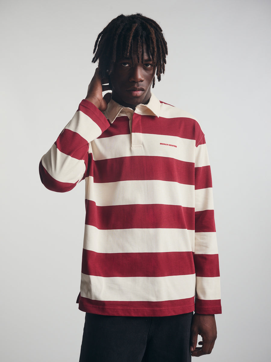 Men's Brooklyn Long Sleeve Striped Rugby T-Shirt in Biking Red Striped - BROOKLYN INDUSTRIES