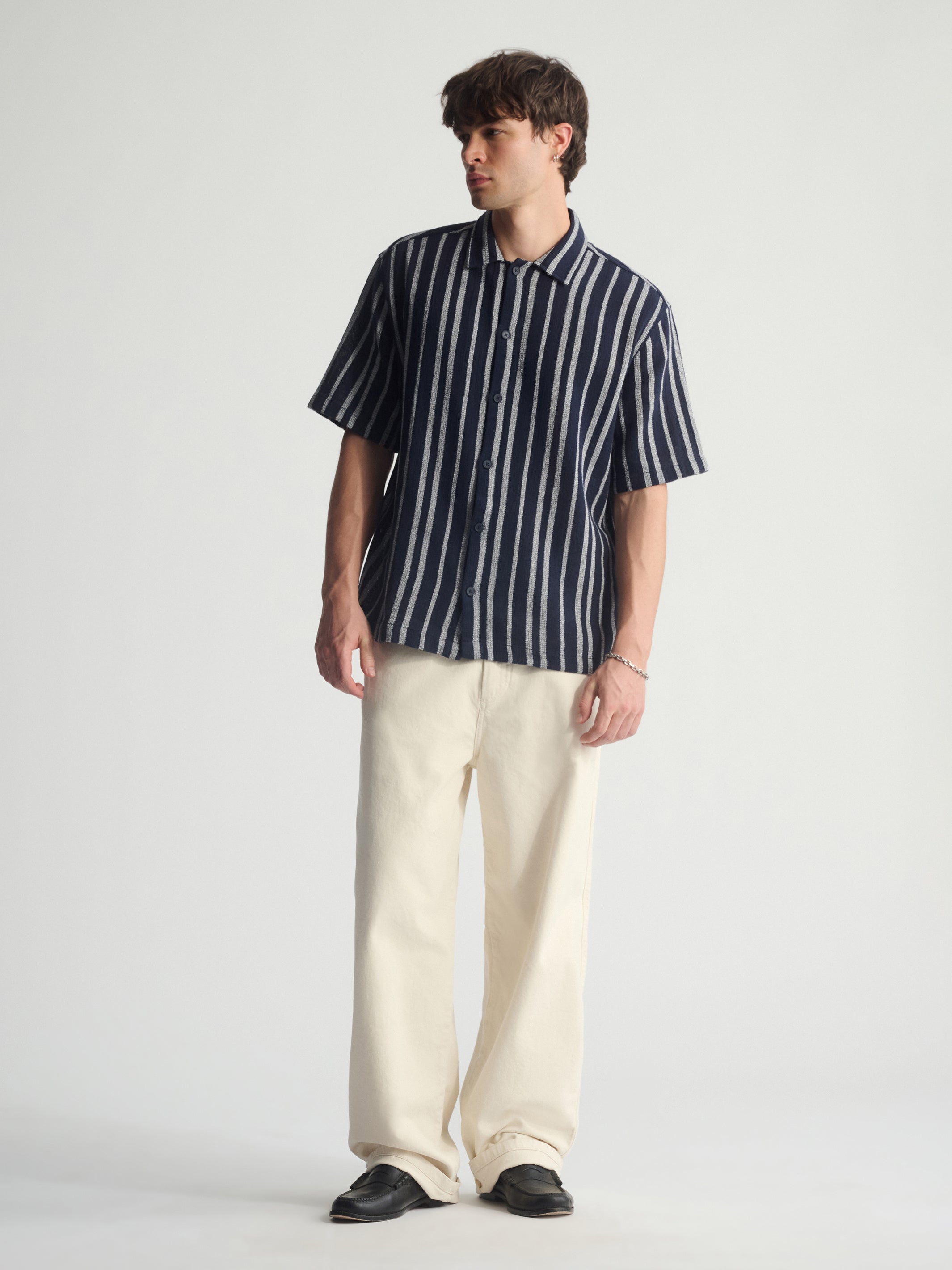 Men's Brooklyn Striped Short Sleeve Shirt In Total Eclipse - BROOKLYN INDUSTRIES