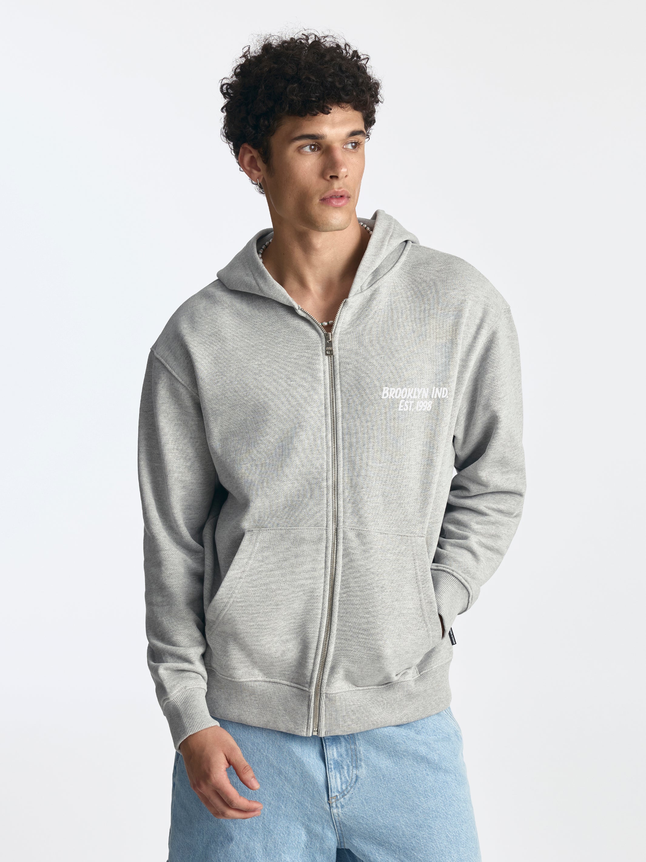 Men's Logo Zip-Up Hoodie in Light Grey Melange - BROOKLYN INDUSTRIES