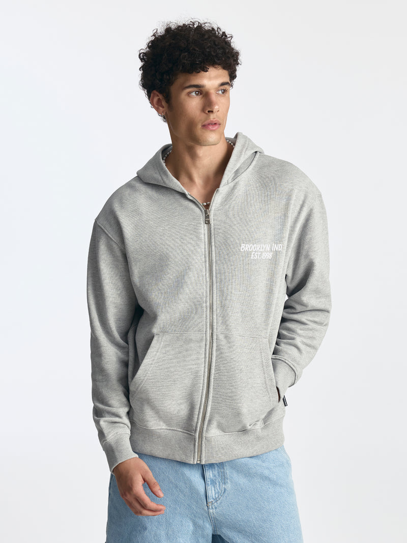 Men's Logo Zip-Up Hoodie in Light Grey Melange - BROOKLYN INDUSTRIES