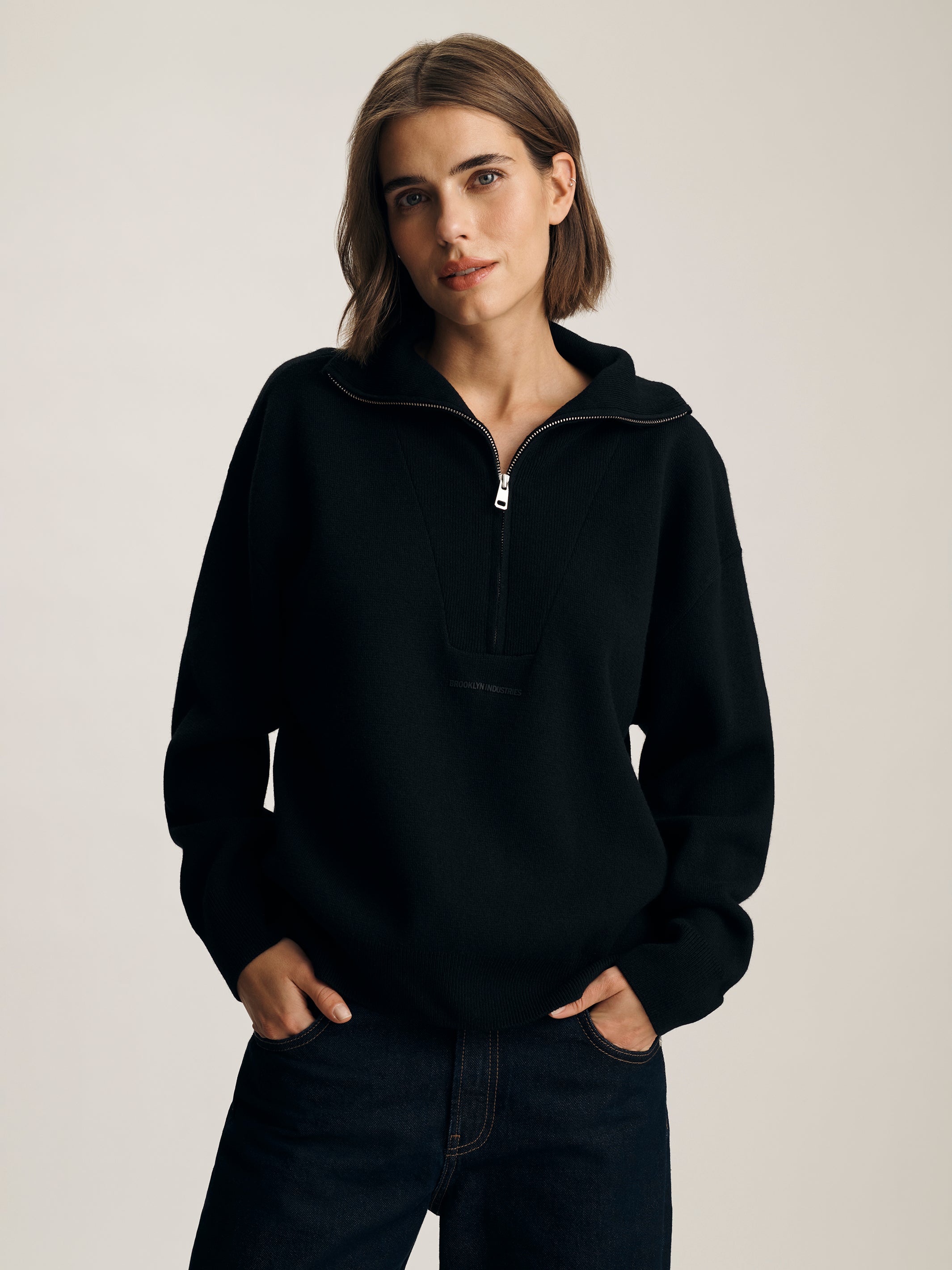 Women's Half Zip Waffle Sweater in Black - BROOKLYN INDUSTRIES
