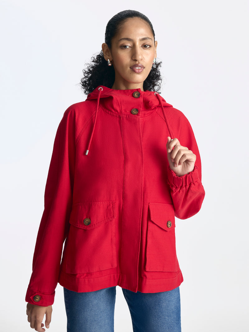 Women's Short Hooded Utility Jacket in Tango Red - BROOKLYN INDUSTRIES