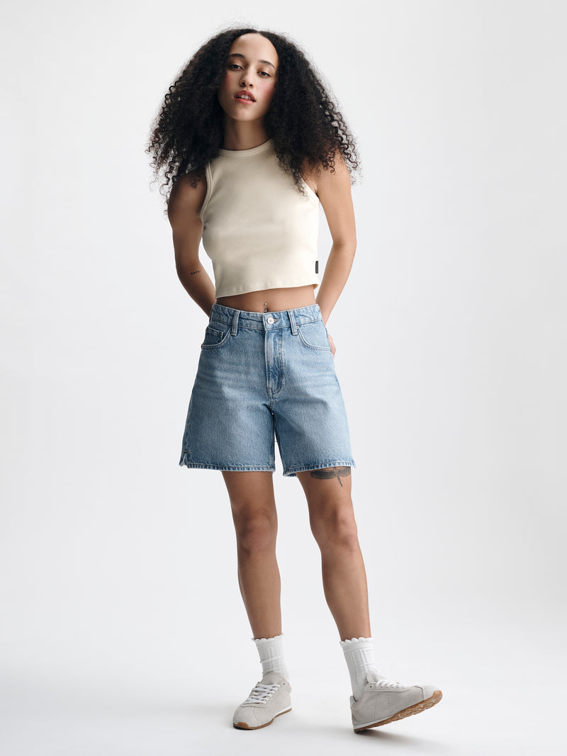 Women's Straight Leg Shorts in Bleached Everyday Denim - BROOKLYN INDUSTRIES