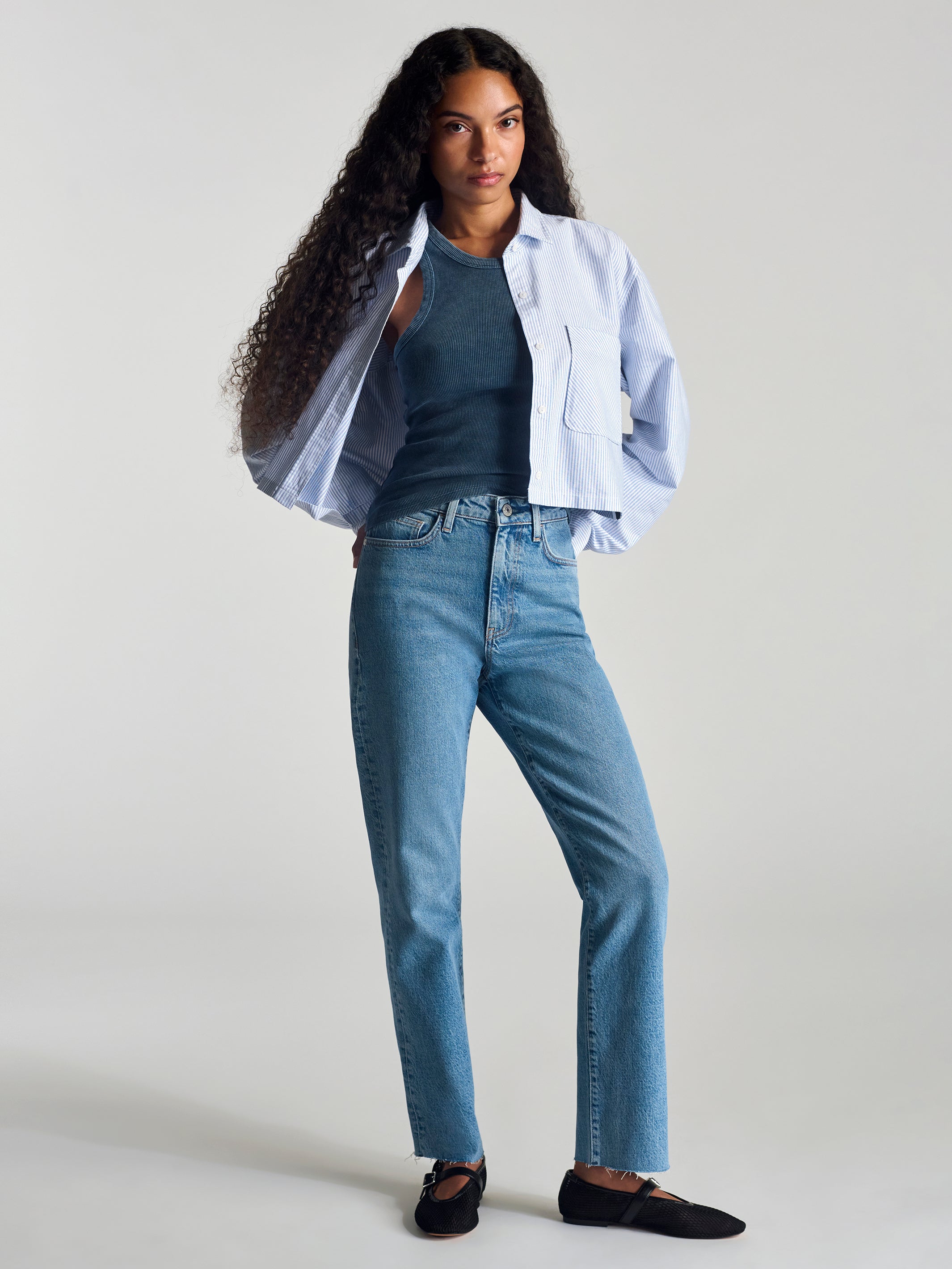 Women's Meadow High Rise Straight Leg Pants In Mid Blue Denim - BROOKLYN INDUSTRIES