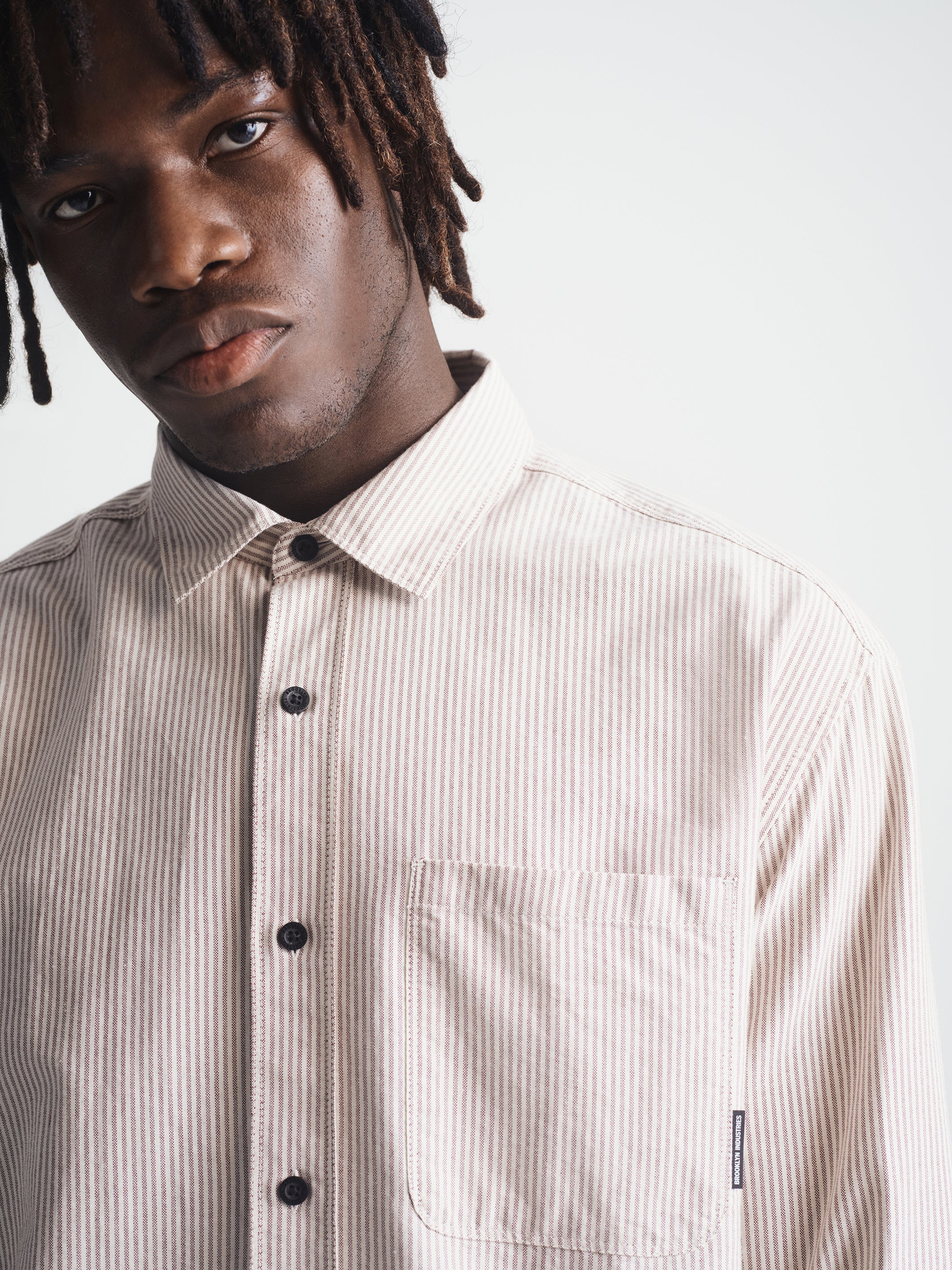 Men's Long Sleeve Striped Shirt in Burgundy Stripe - BROOKLYN INDUSTRIES