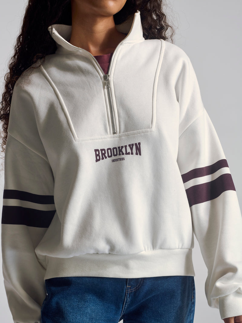 Women's Brooklyn Half Zip Sweatshirt In Antique White - BROOKLYN INDUSTRIES