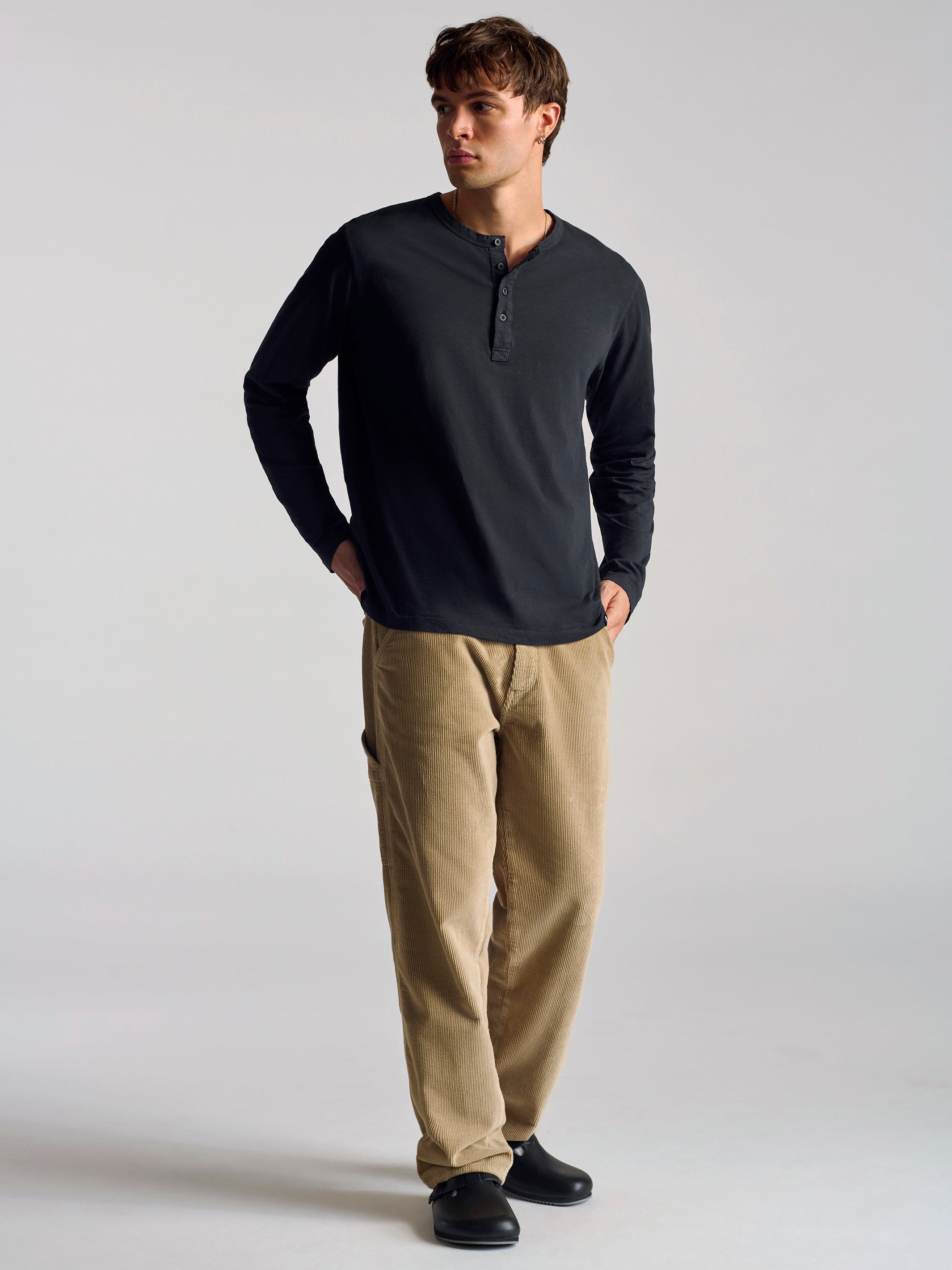 Men's Long Sleeve Henley T-Shirt In Black - BROOKLYN INDUSTRIES