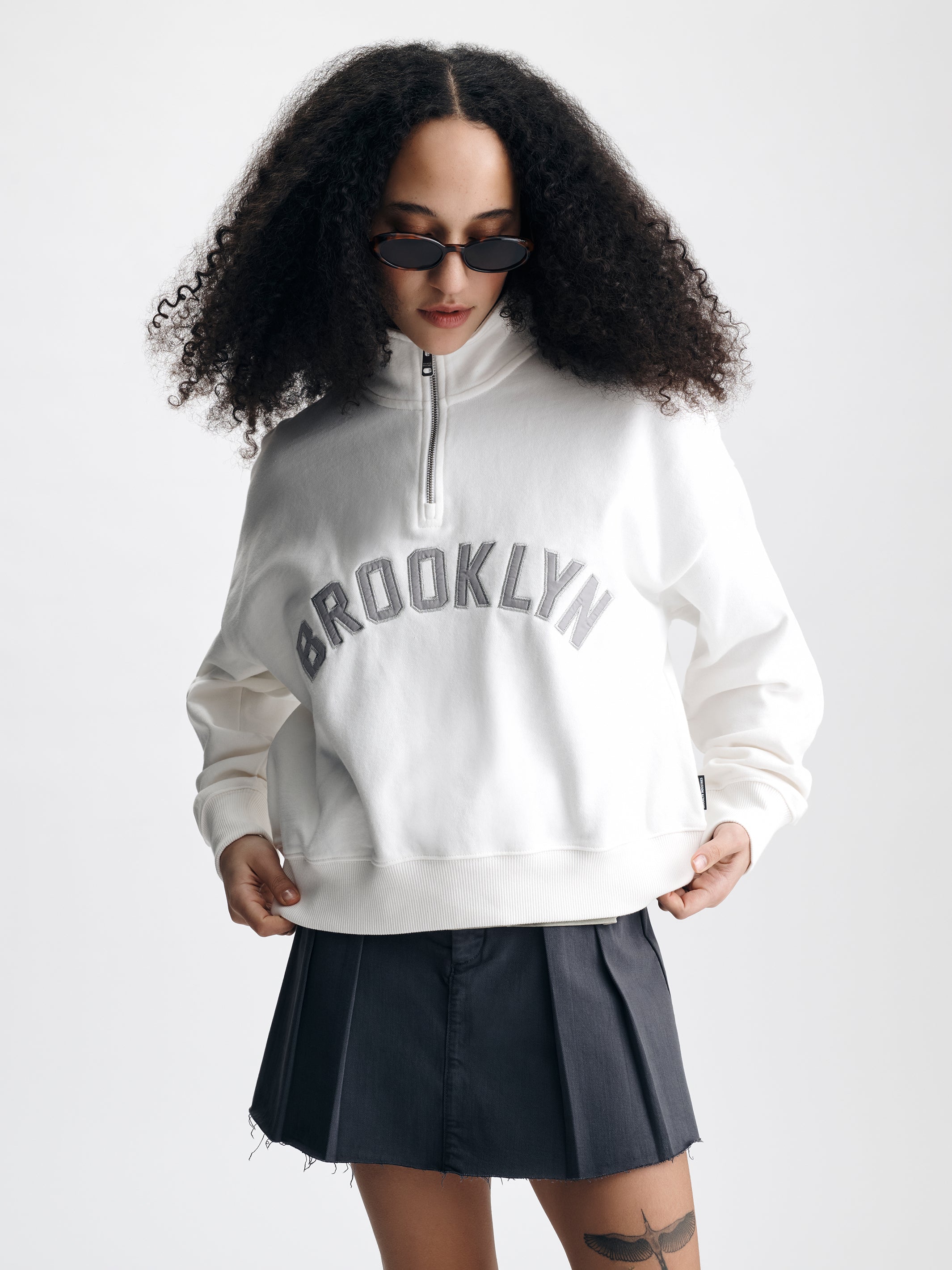 Women's Oversized Brooklyn Half Zip Sweatshirt in Antique White - BROOKLYN INDUSTRIES