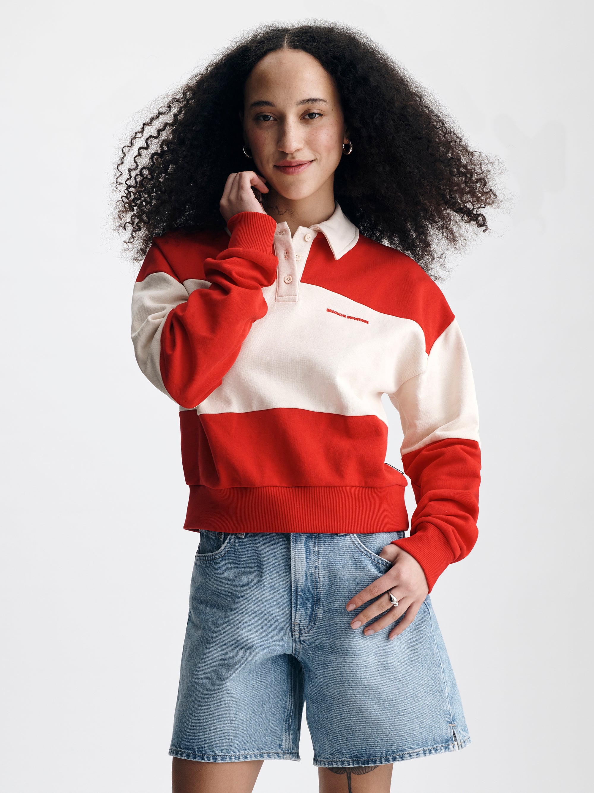 Women's Logo Rugby Polo Sweatshirt in Goji Berry - BROOKLYN INDUSTRIES