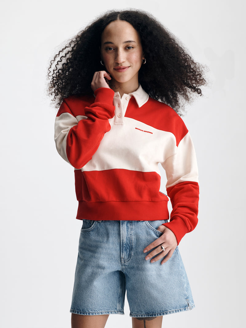 Women's Logo Rugby Polo Sweatshirt in Goji Berry - BROOKLYN INDUSTRIES