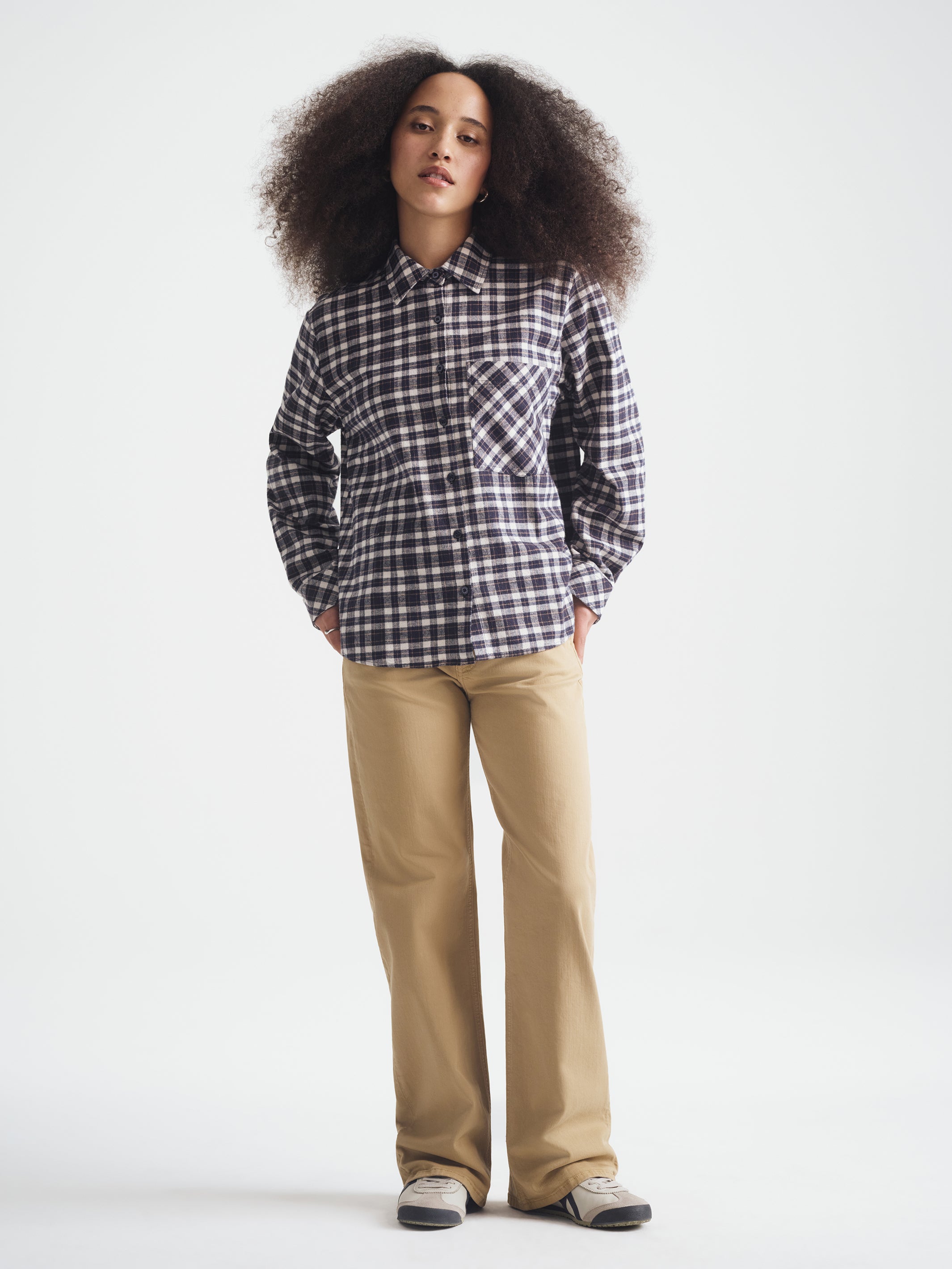 Women's Long Sleeve Plaid Shirt in Navy Check - BROOKLYN INDUSTRIES