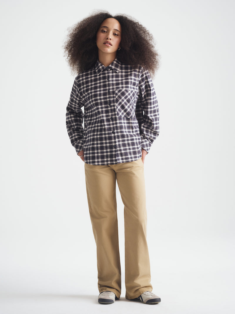 Women's Long Sleeve Plaid Shirt in Navy Check - BROOKLYN INDUSTRIES