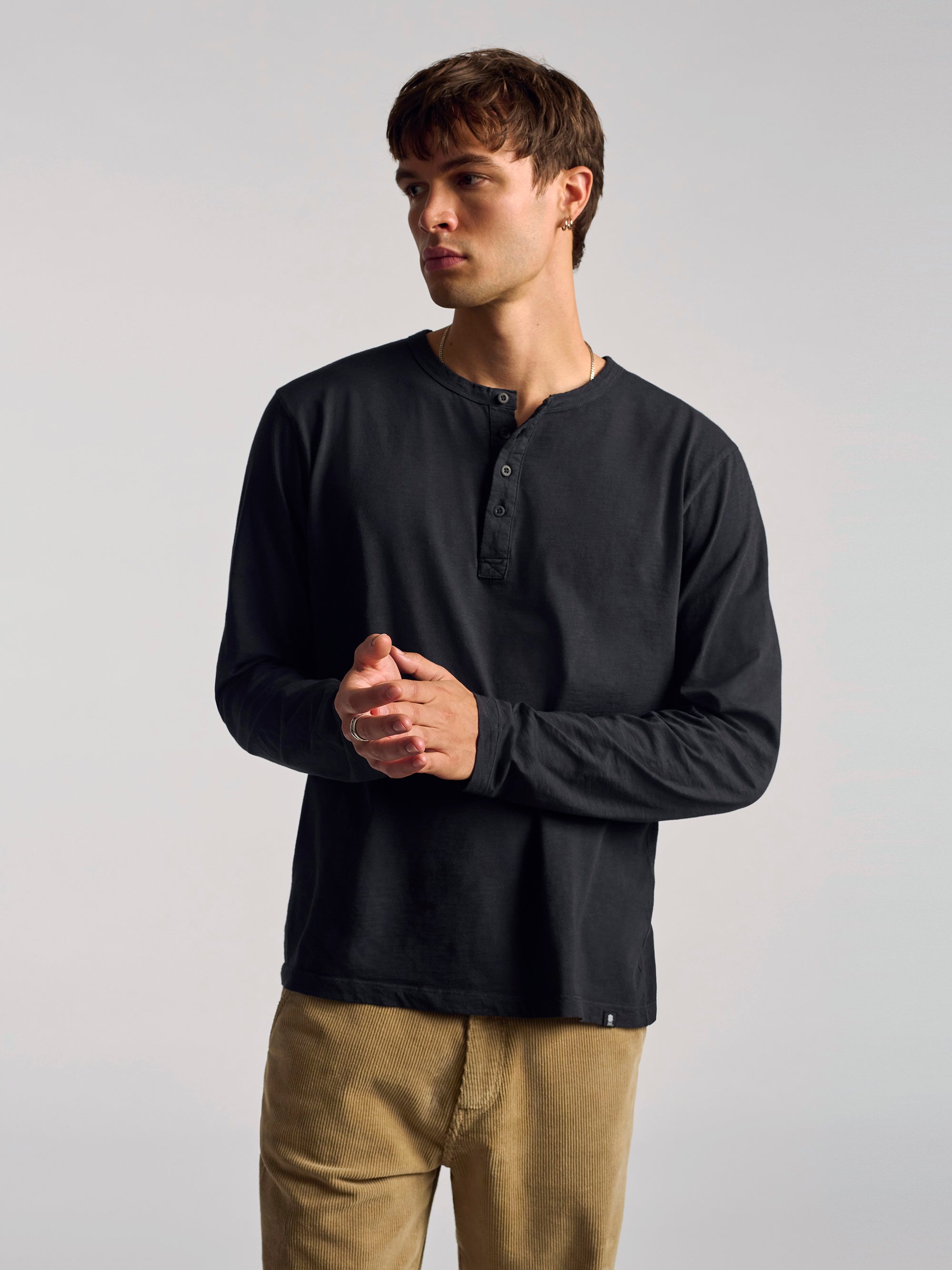 Men's Long Sleeve Henley T-Shirt In Black - BROOKLYN INDUSTRIES