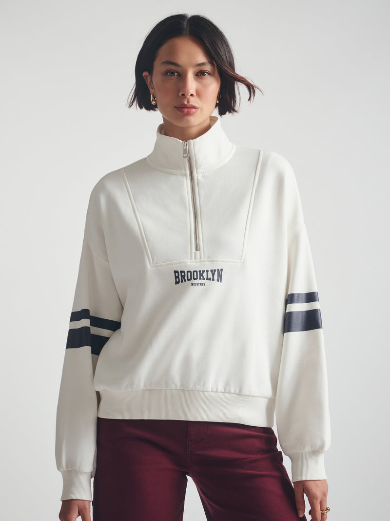 Women's Brooklyn Half Zip Varsity Sweatshirt in Antique White
