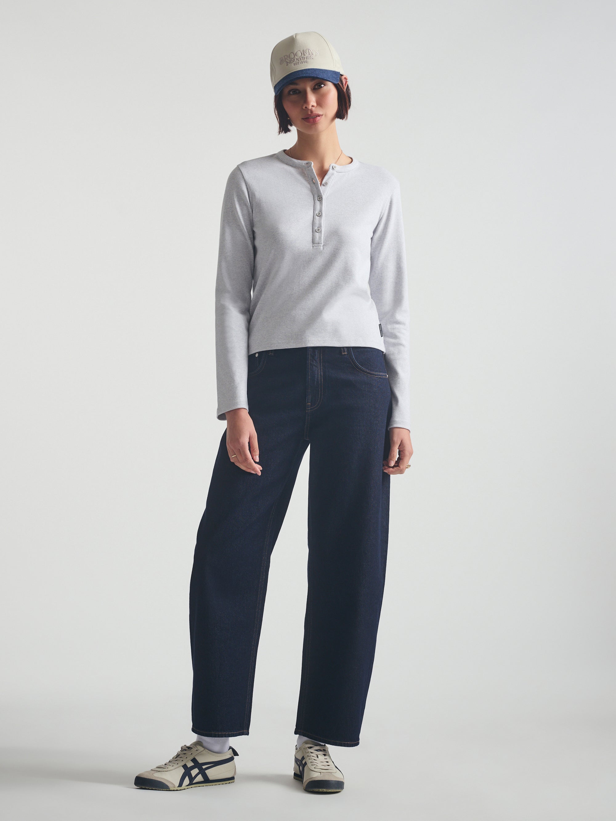 Women's Cropped Henley T-Shirt in Light Grey Melange
