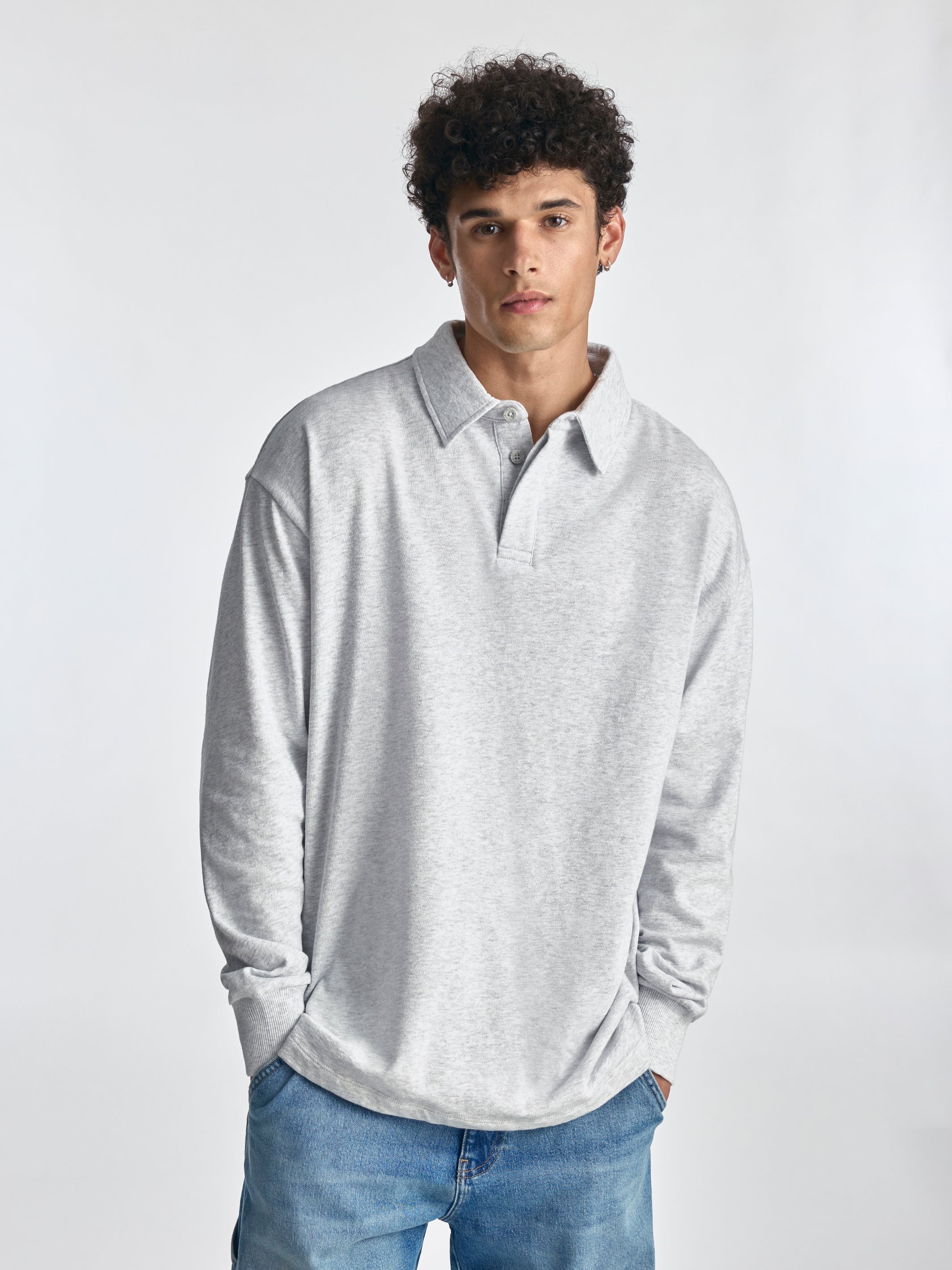 Men's Polo Sweatshirt in Grey Melange - BROOKLYN INDUSTRIES