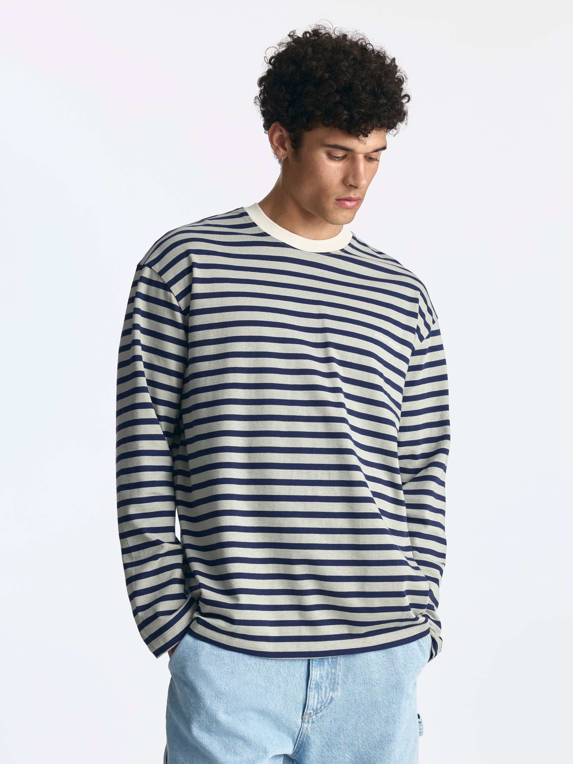 Men's Logo Long Sleeve Striped T-Shirt in Navy Stripe - BROOKLYN INDUSTRIES